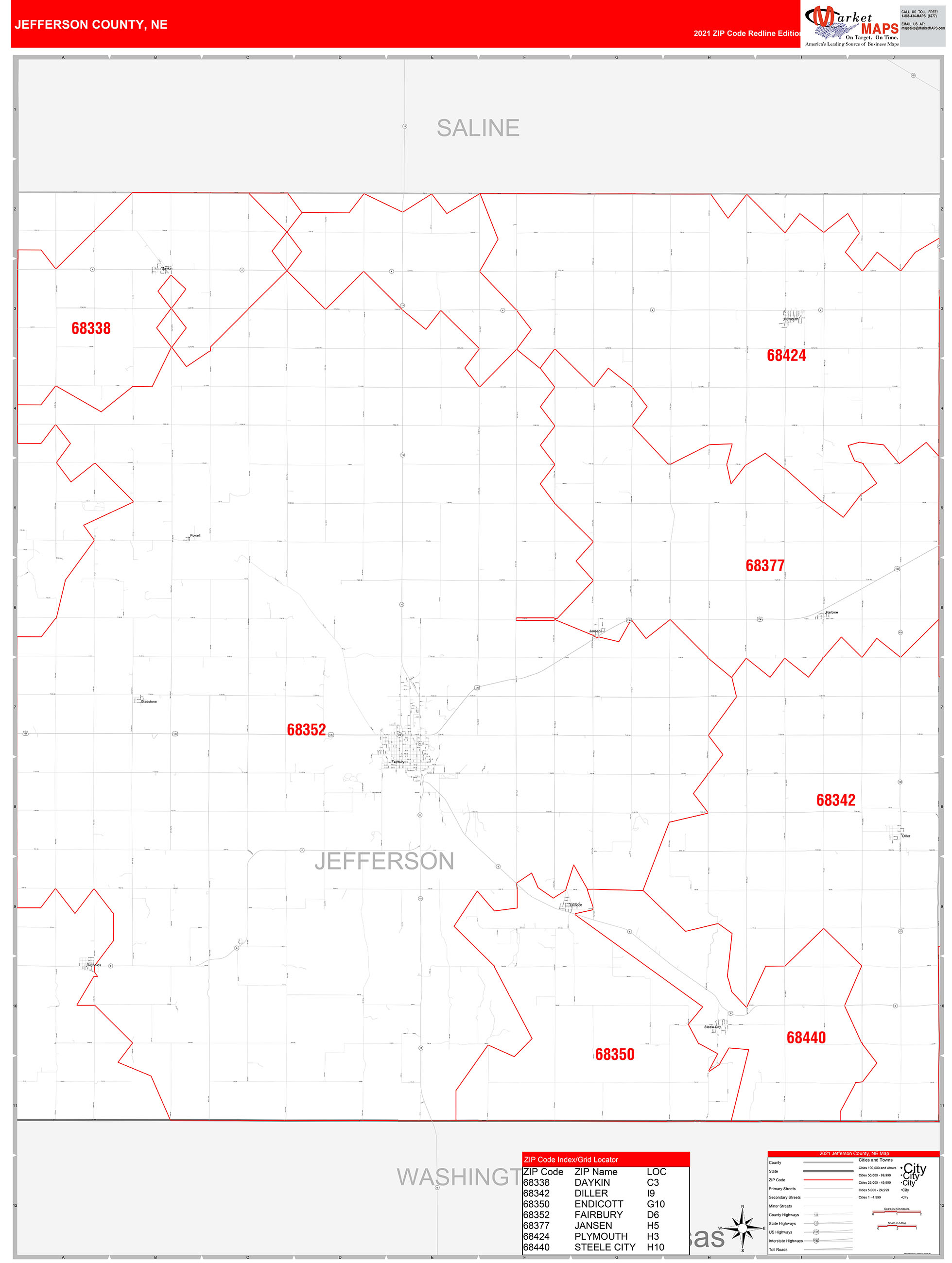 Jefferson County, NE Zip Code Wall Map Red Line Style by MarketMAPS