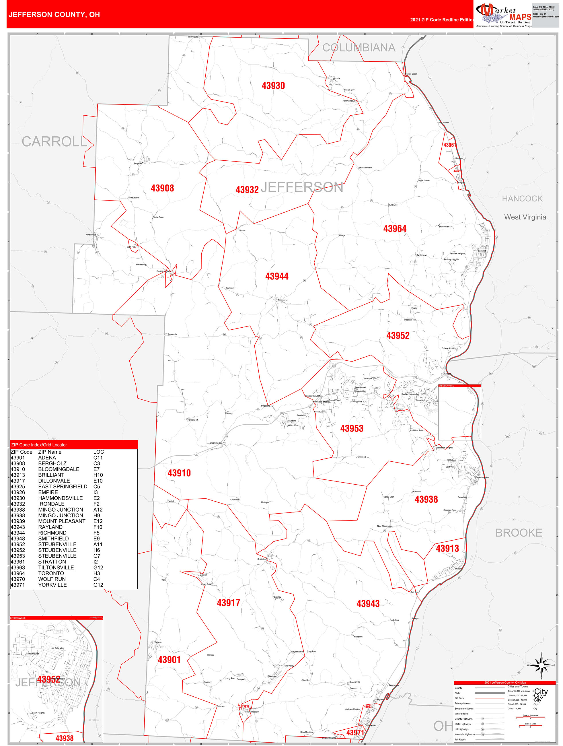 Jefferson County, OH Zip Code Wall Map Red Line Style by MarketMAPS