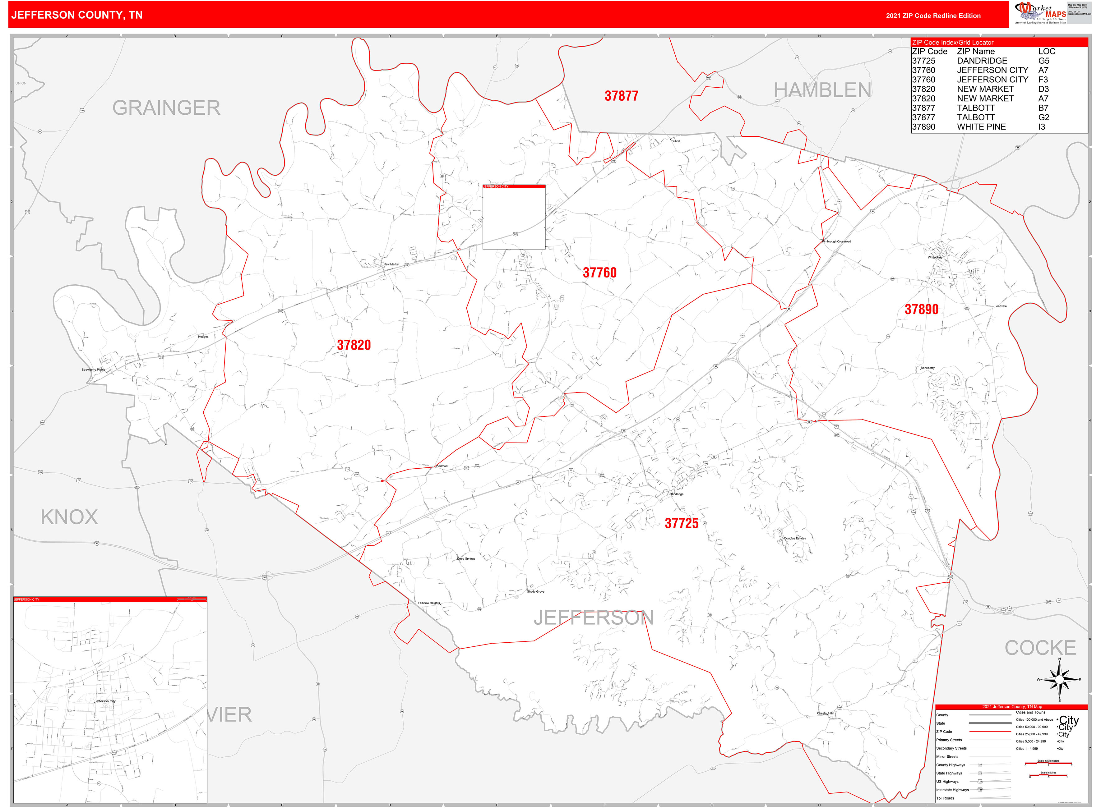 Jefferson County, TN Zip Code Wall Map Red Line Style by MarketMAPS