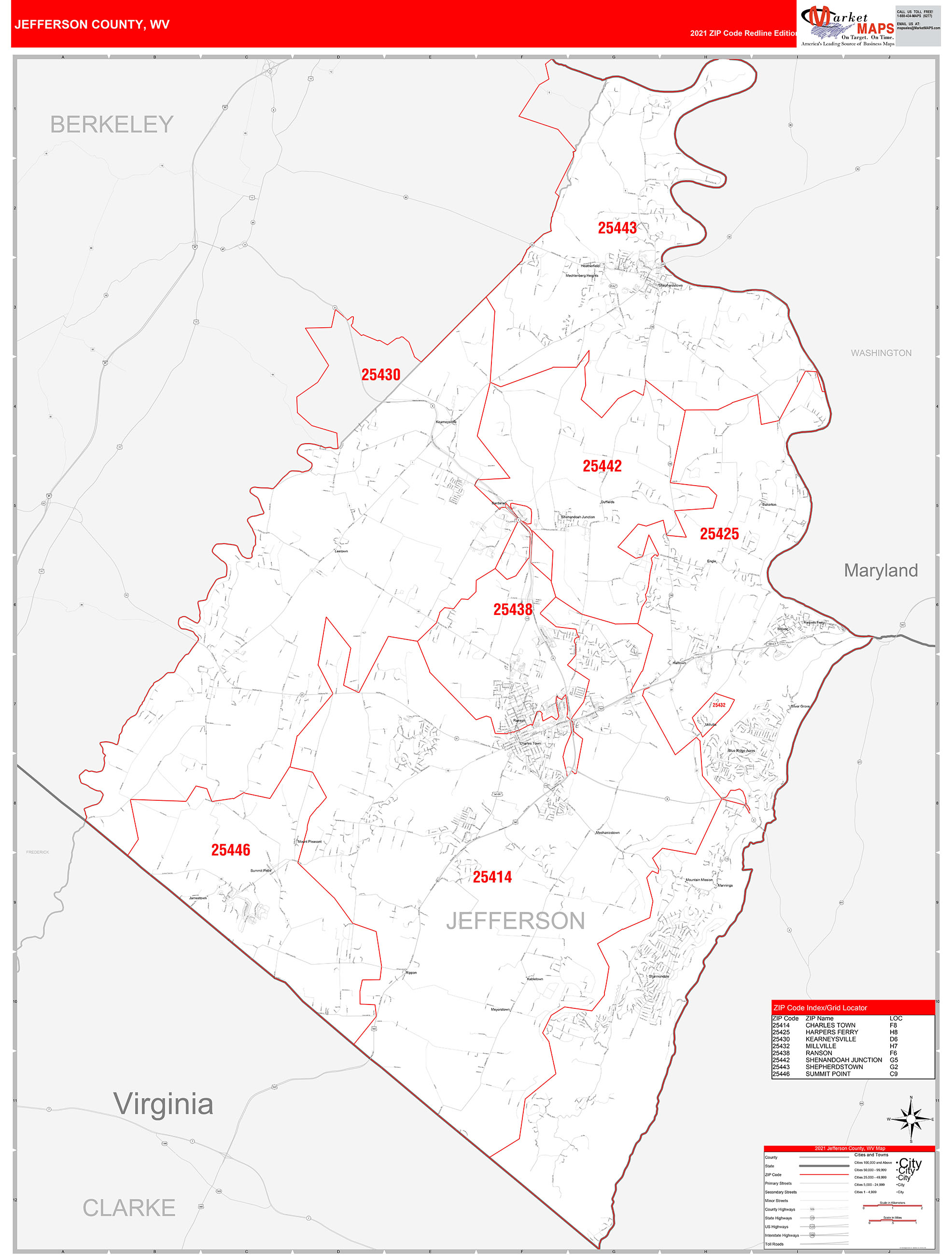 Jefferson County, WV Zip Code Wall Map Red Line Style by MarketMAPS ...