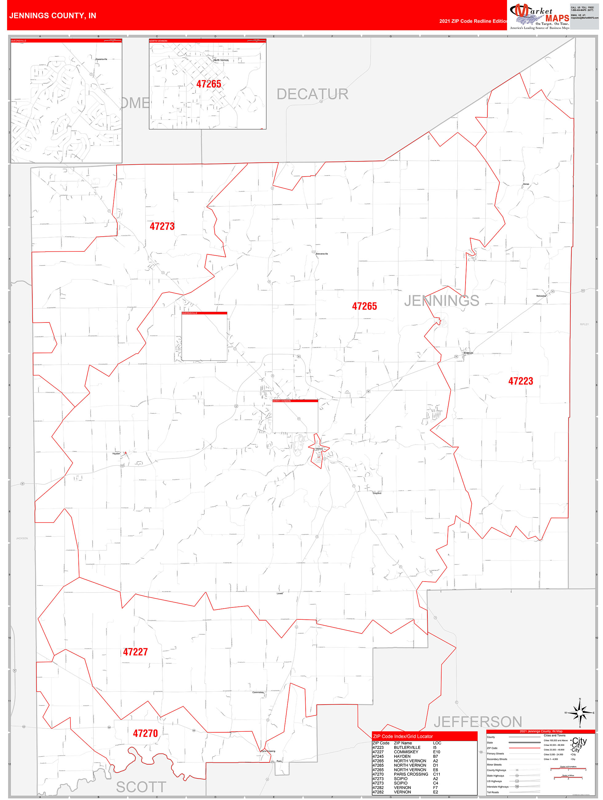Jennings County, IN Zip Code Wall Map Red Line Style by MarketMAPS
