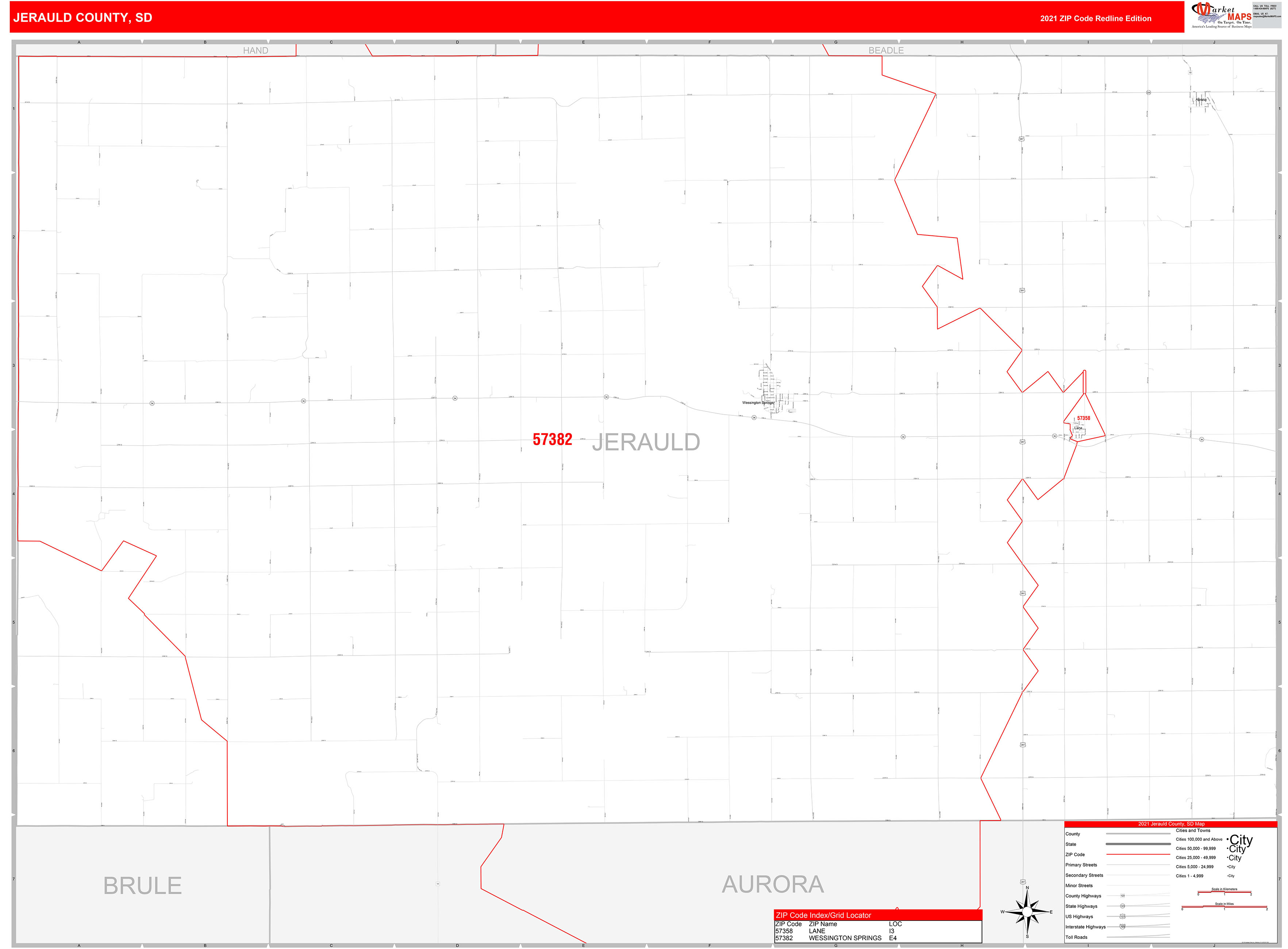 Jerauld County, SD Zip Code Wall Map Red Line Style by MarketMAPS
