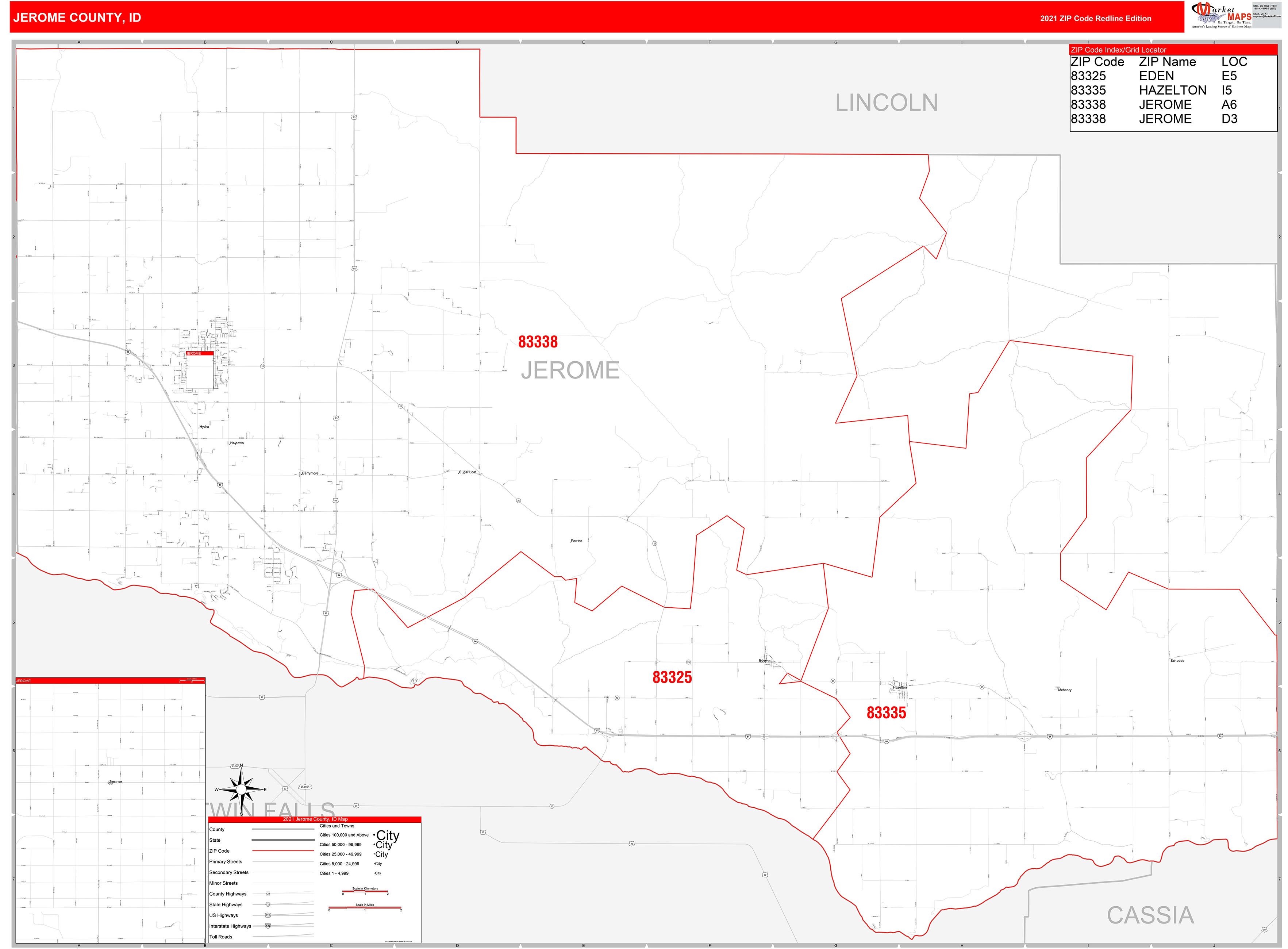 Jerome County, ID Zip Code Wall Map Red Line Style by MarketMAPS MapSales