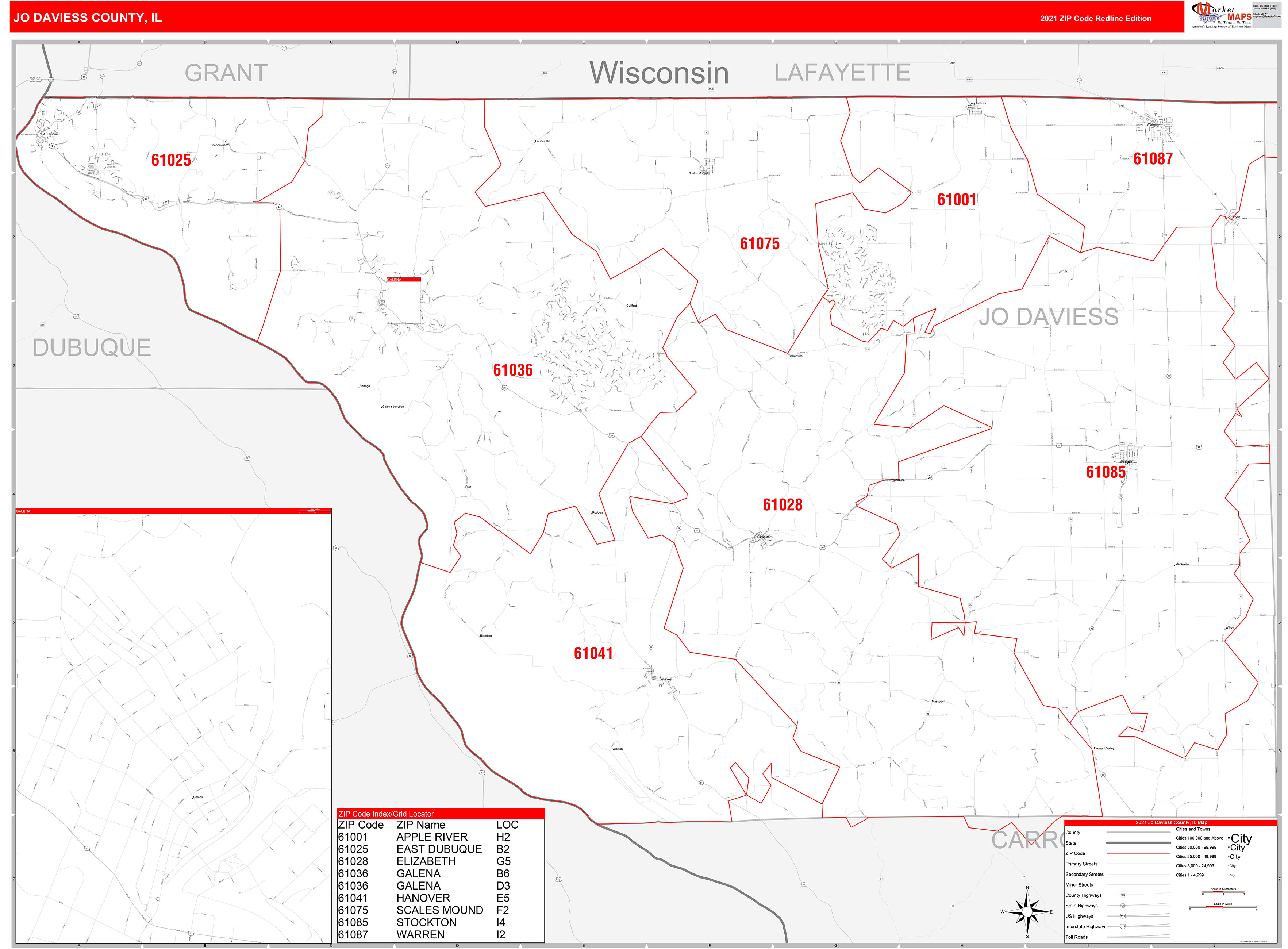 Jo Daviess County, IL Zip Code Wall Map Red Line Style by MarketMAPS ...