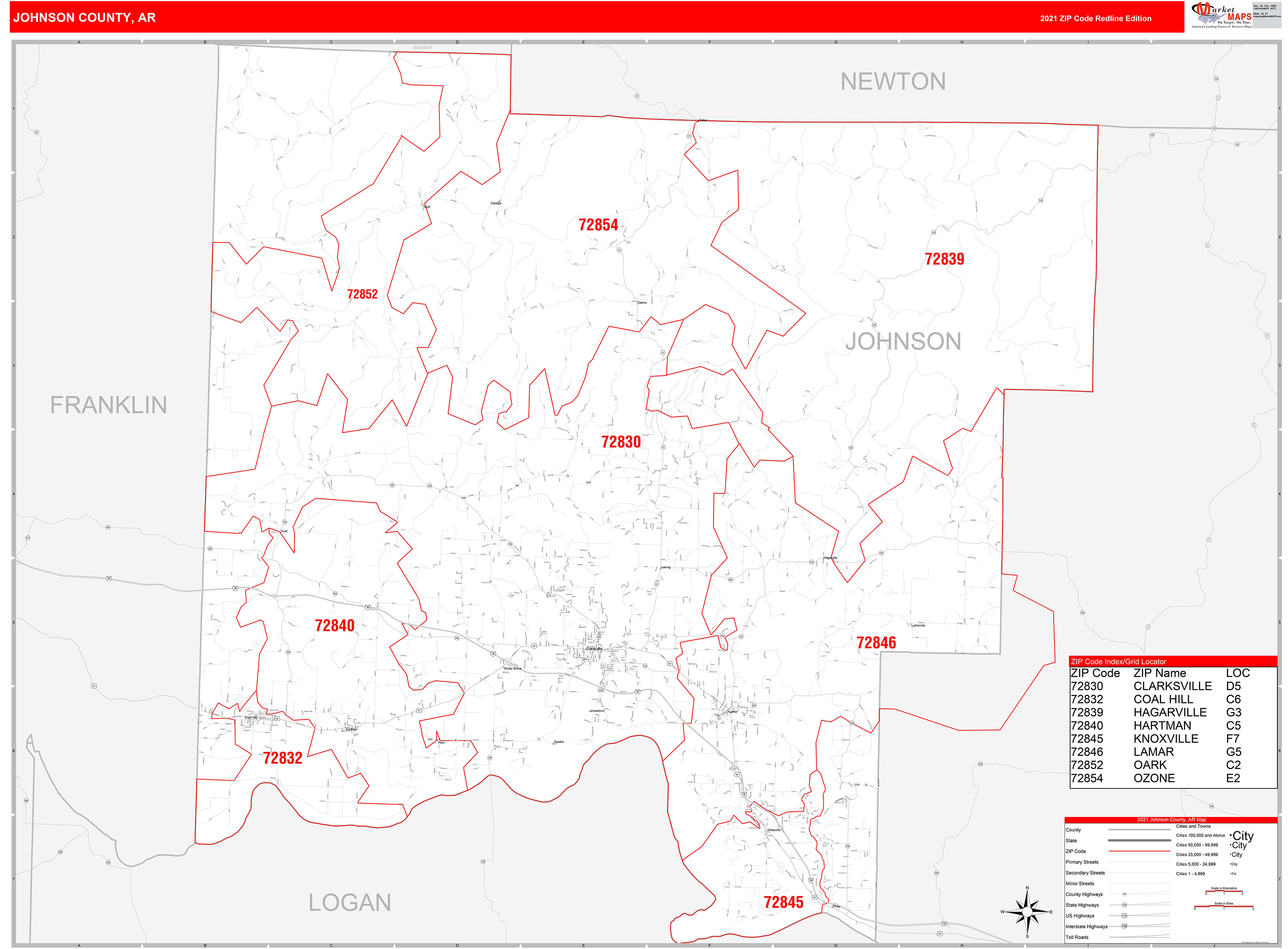 Johnson County Ar Zip Code Wall Map Red Line Style By Marketmaps