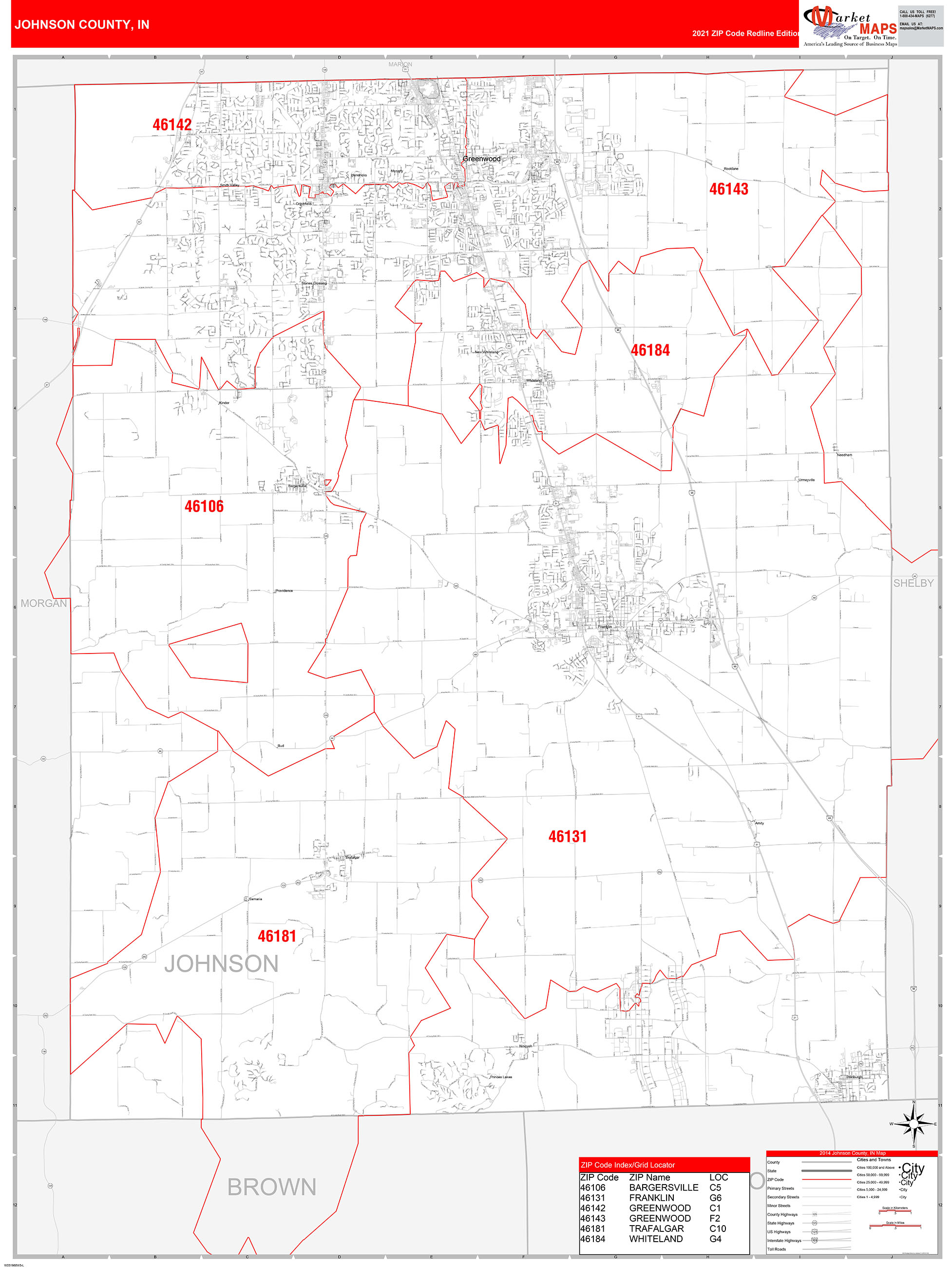 Johnson County, IN Zip Code Wall Map Red Line Style by MarketMAPS