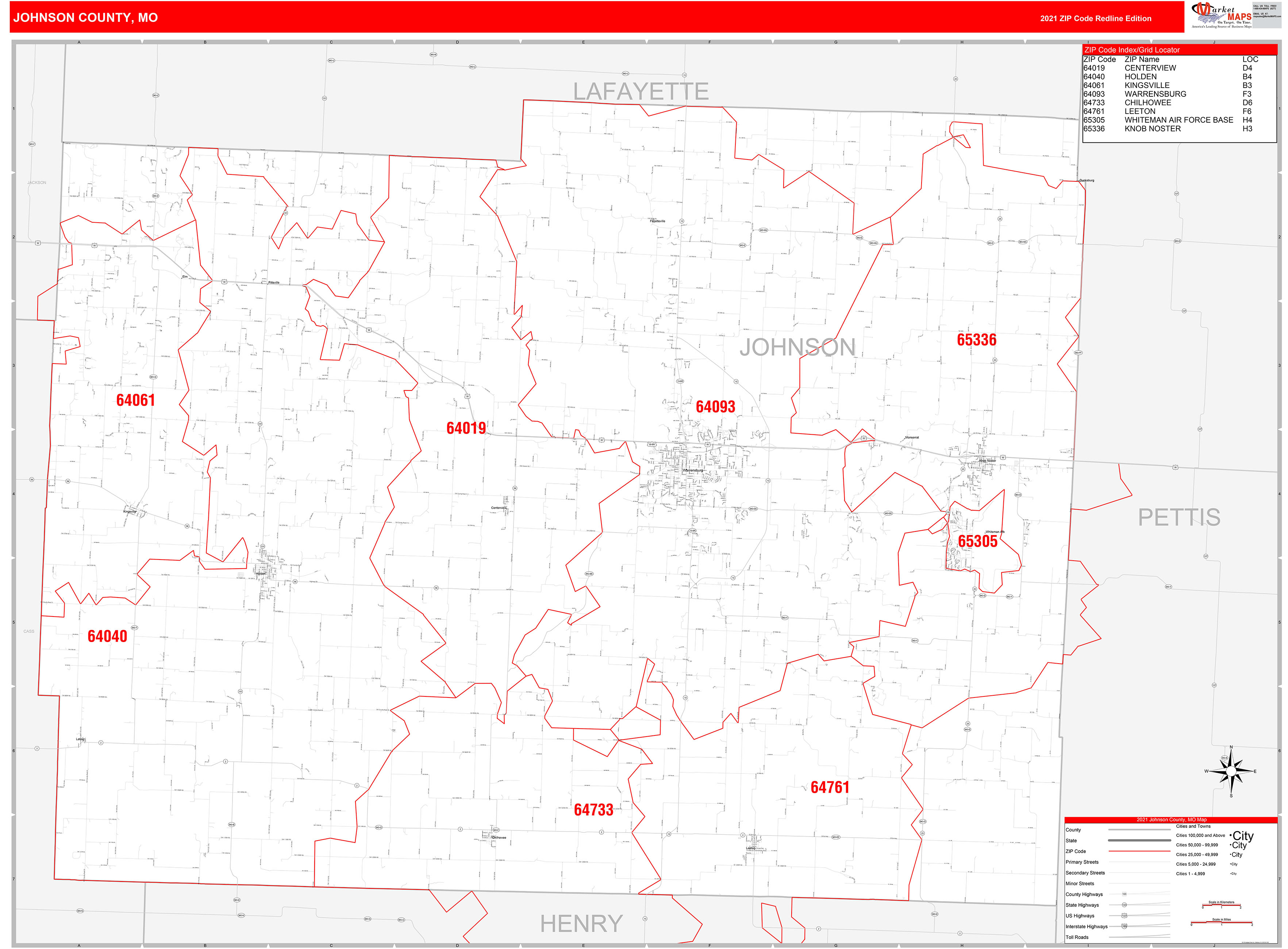 Johnson County, MO Zip Code Wall Map Red Line Style by MarketMAPS
