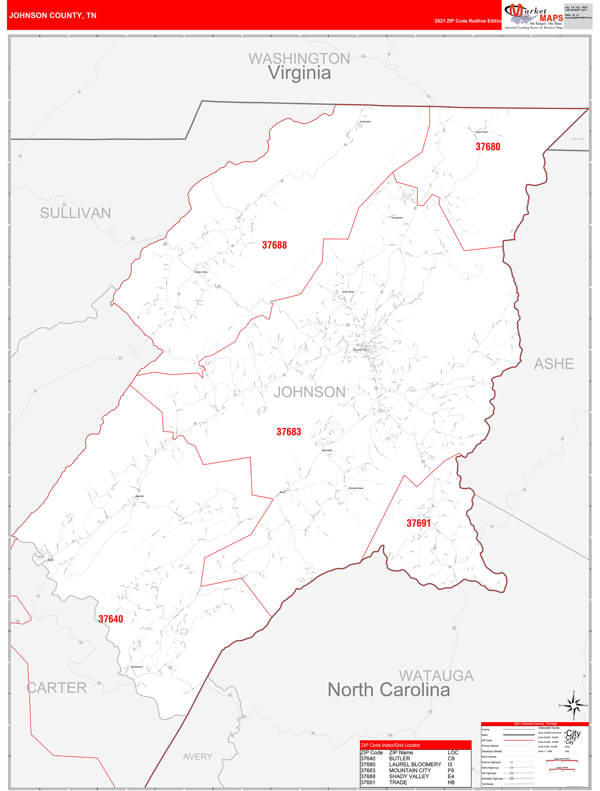 Johnson County Tn Zip Code Wall Map Red Line Style By Marketmaps