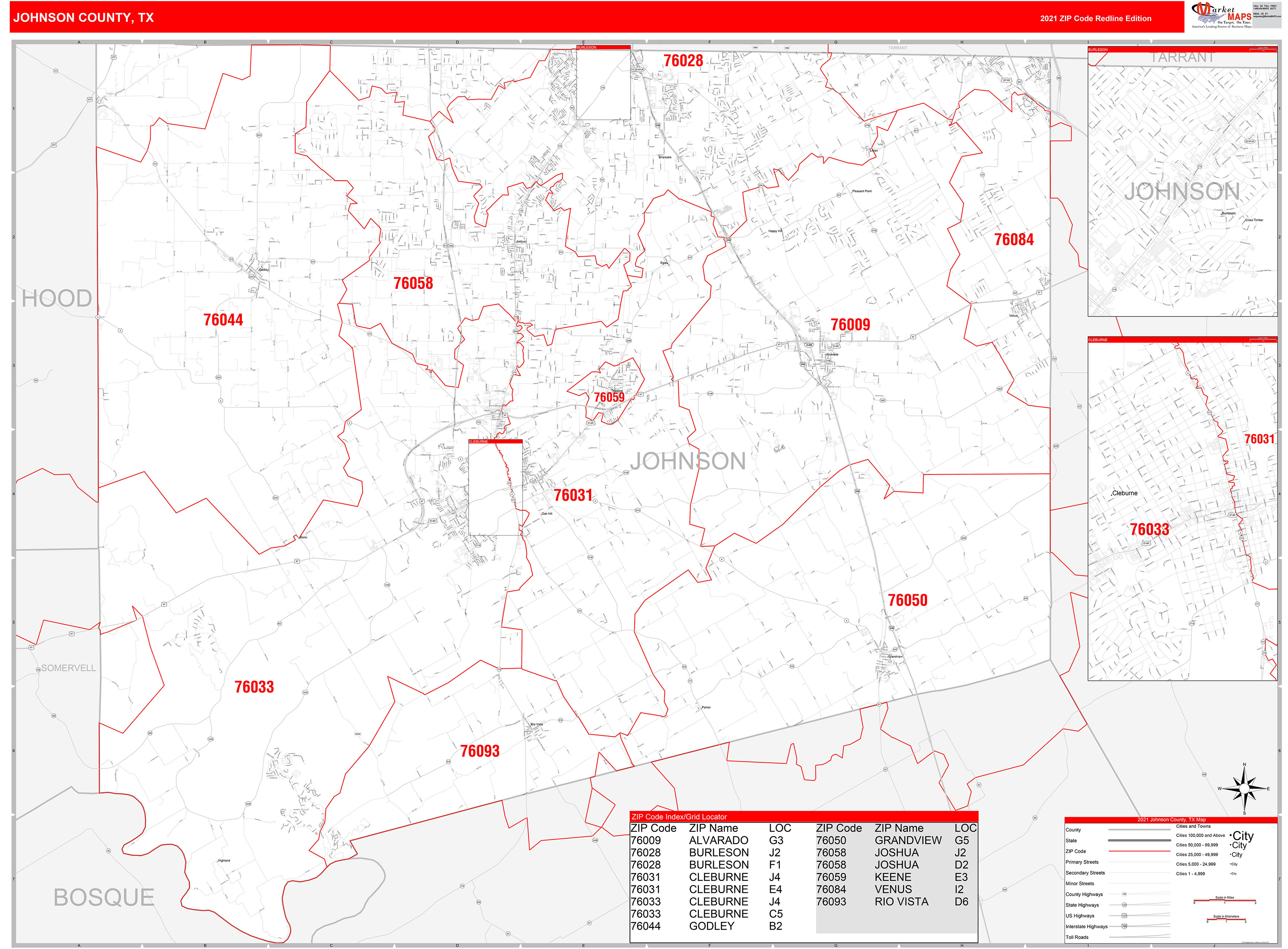 Johnson County Tx Zip Code Wall Map Red Line Style By Marketmaps