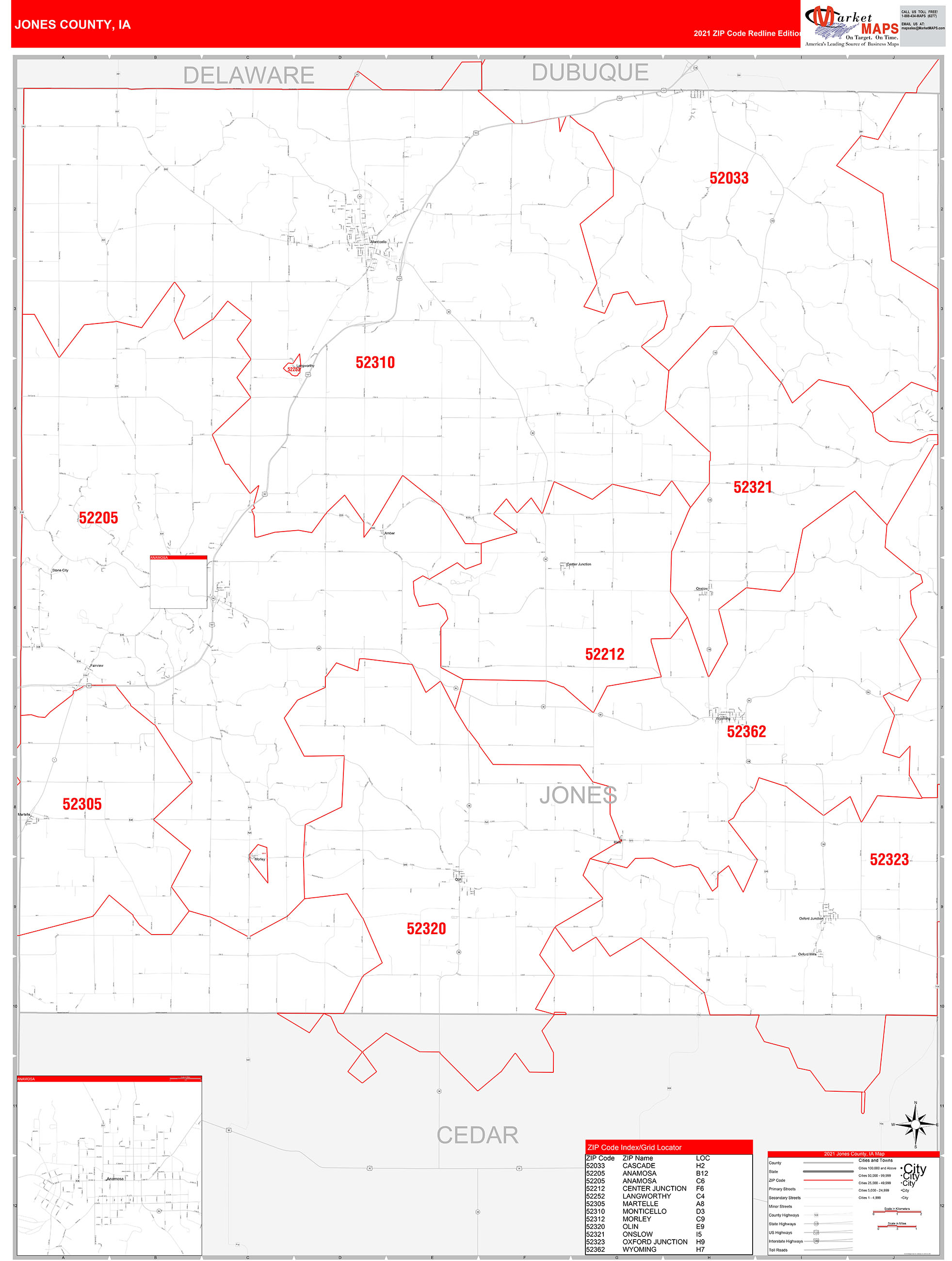 Jones County, IA Zip Code Wall Map Red Line Style by MarketMAPS