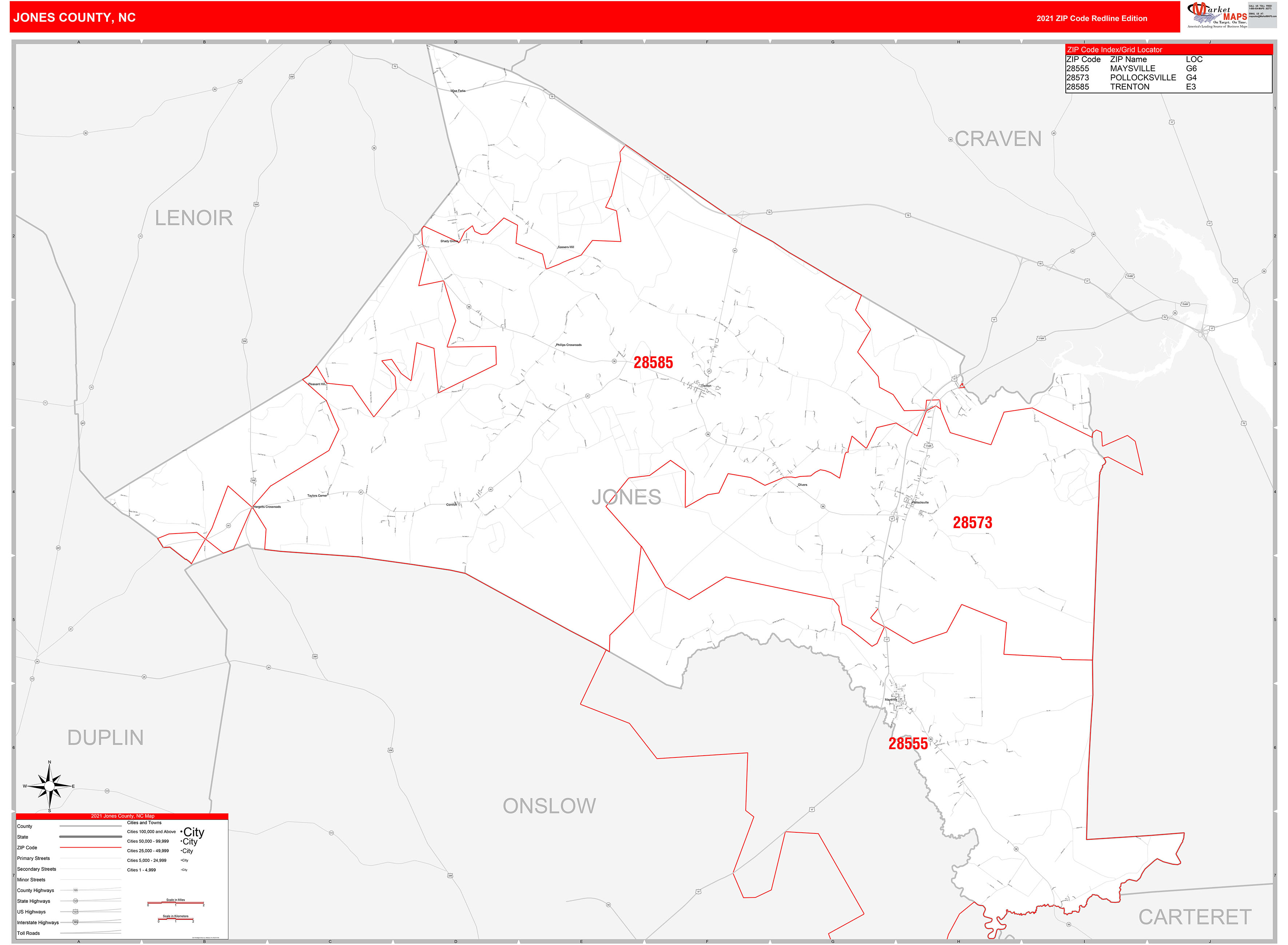 Jones County, NC Zip Code Wall Map Red Line Style by MarketMAPS