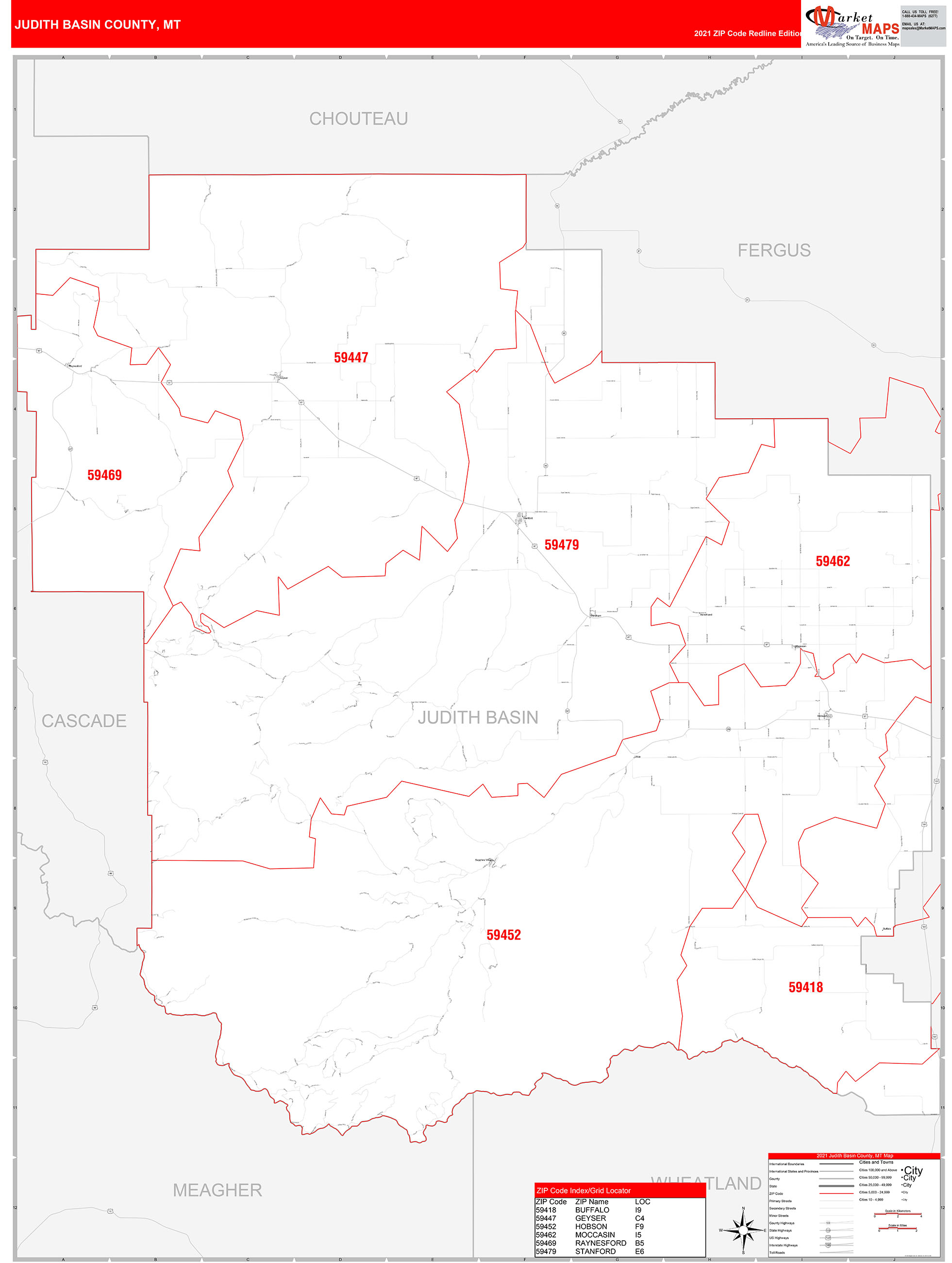 Judith Basin County, MT Zip Code Wall Map Red Line Style by MarketMAPS