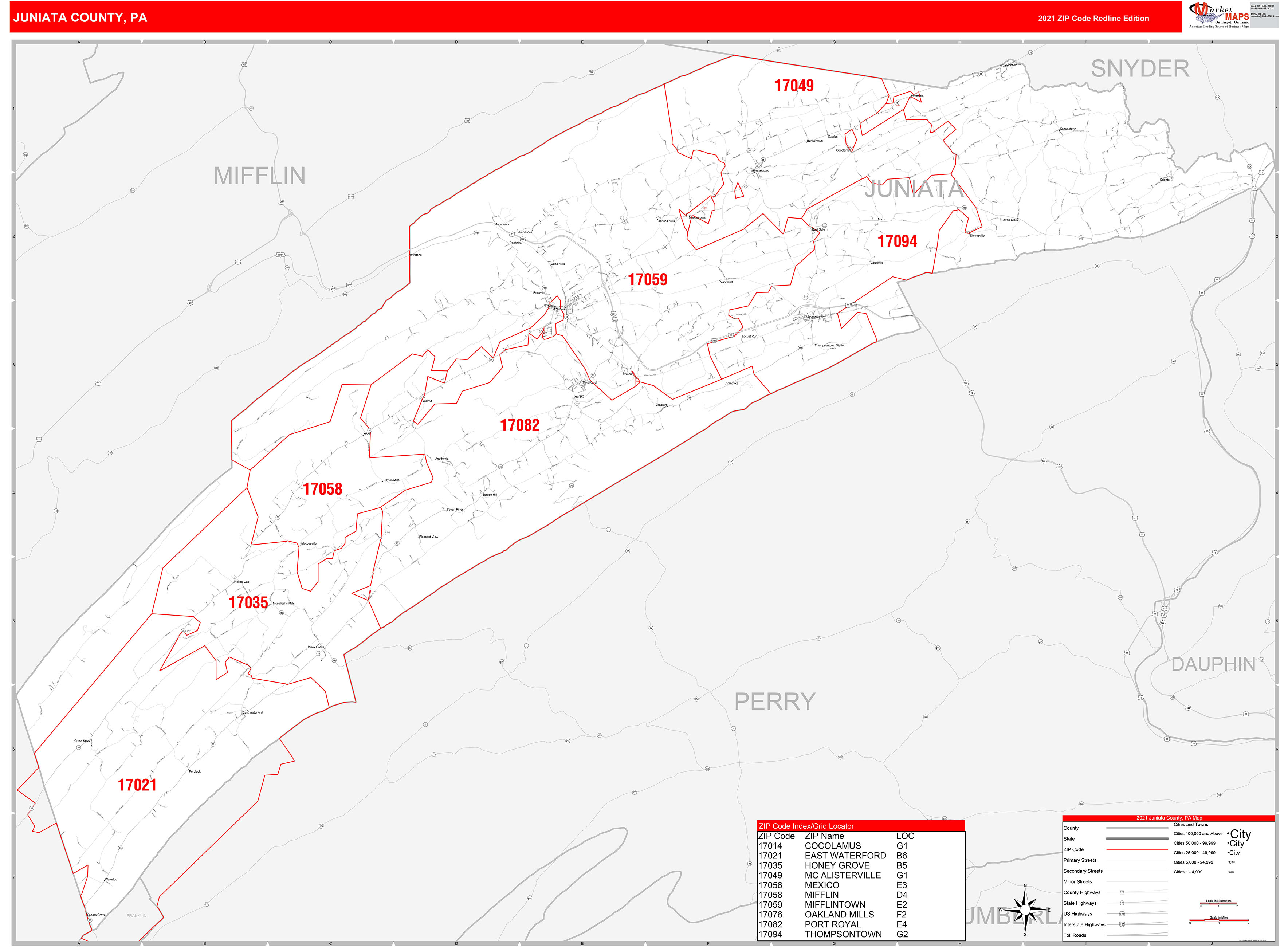 Juniata County, PA Zip Code Wall Map Red Line Style by MarketMAPS MapSales