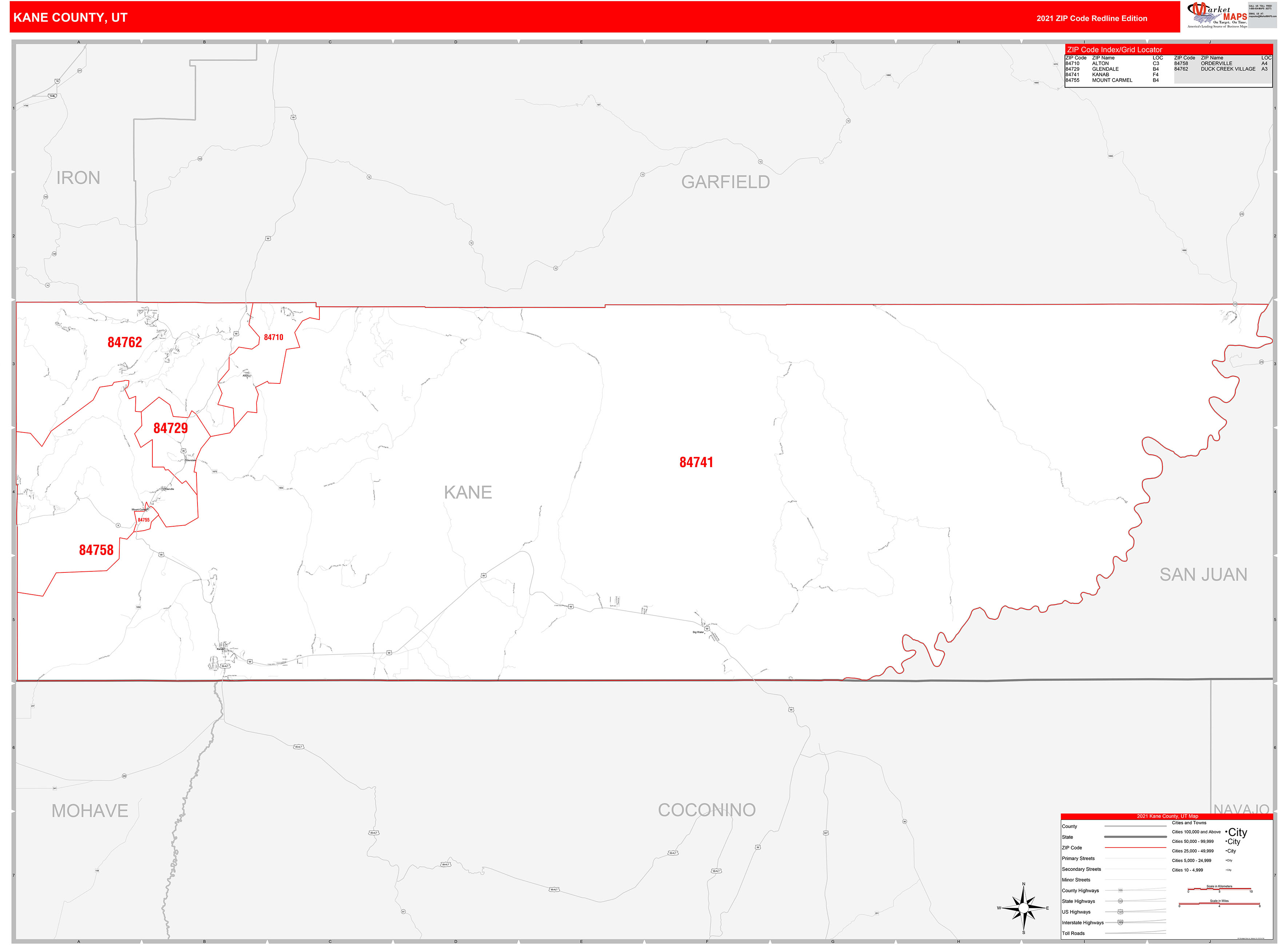 Kane County, UT Zip Code Wall Map Red Line Style by MarketMAPS
