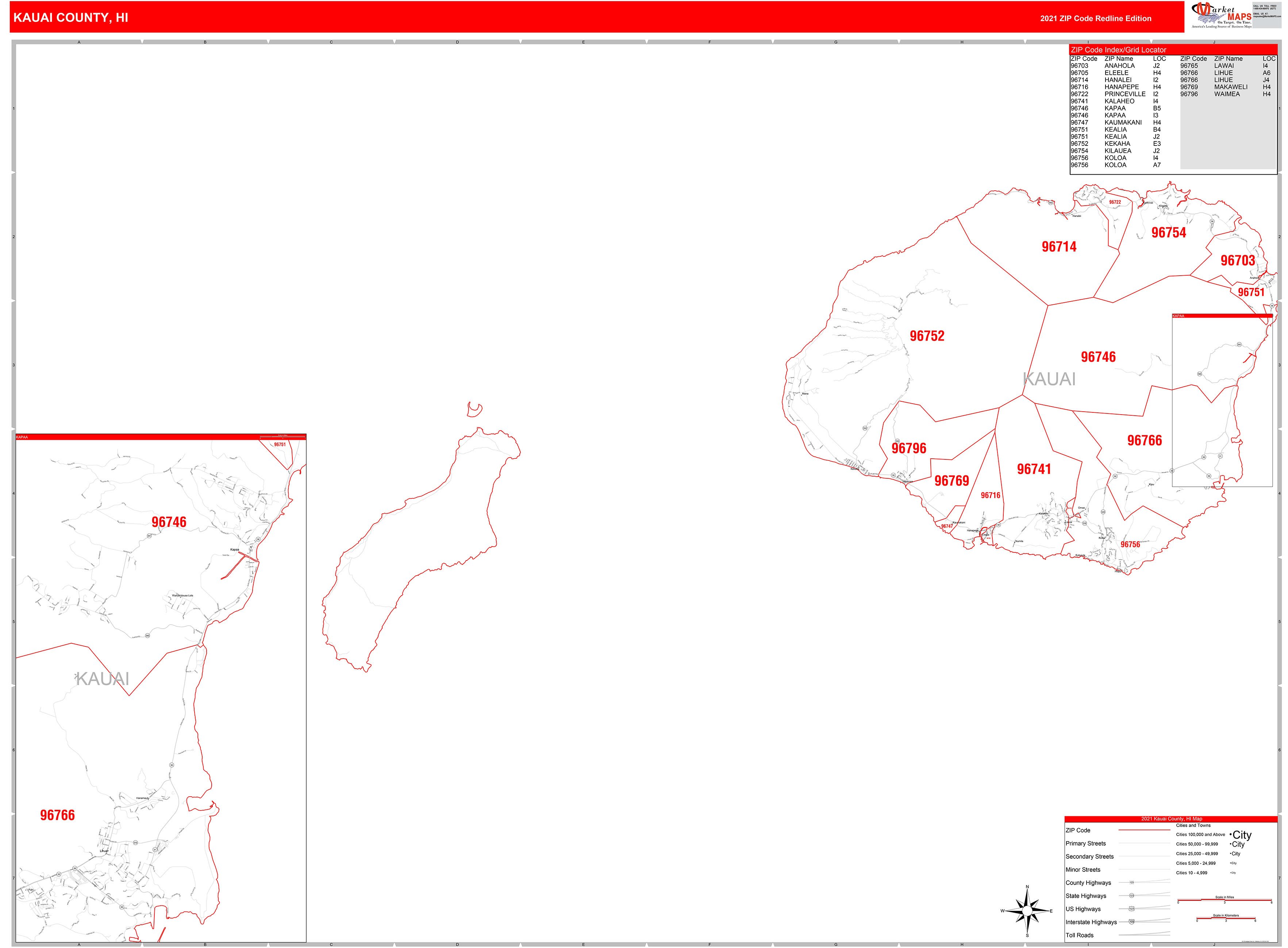 Kauai County, HI Zip Code Wall Map Red Line Style by MarketMAPS MapSales