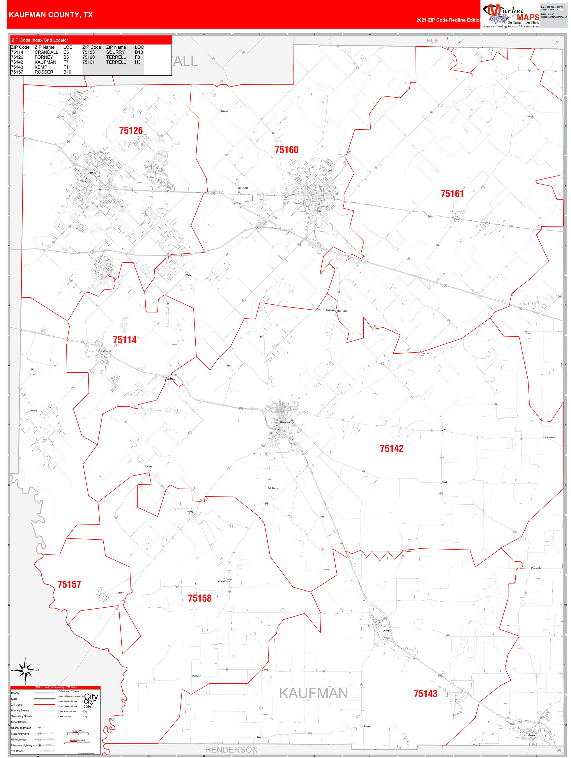 Kaufman County, TX Zip Code Wall Map Red Line Style by MarketMAPS