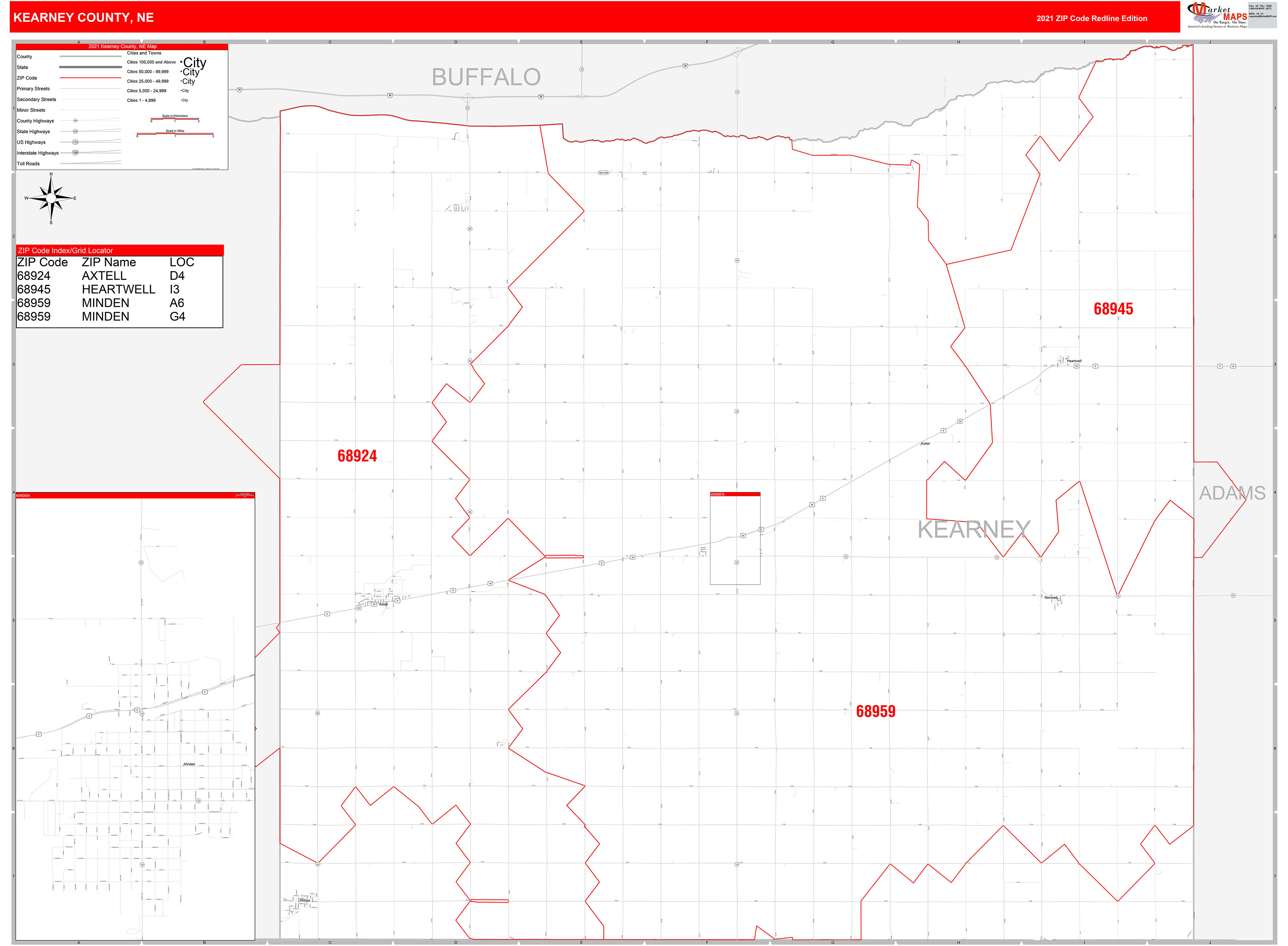 Kearney County, NE Zip Code Wall Map Red Line Style by MarketMAPS