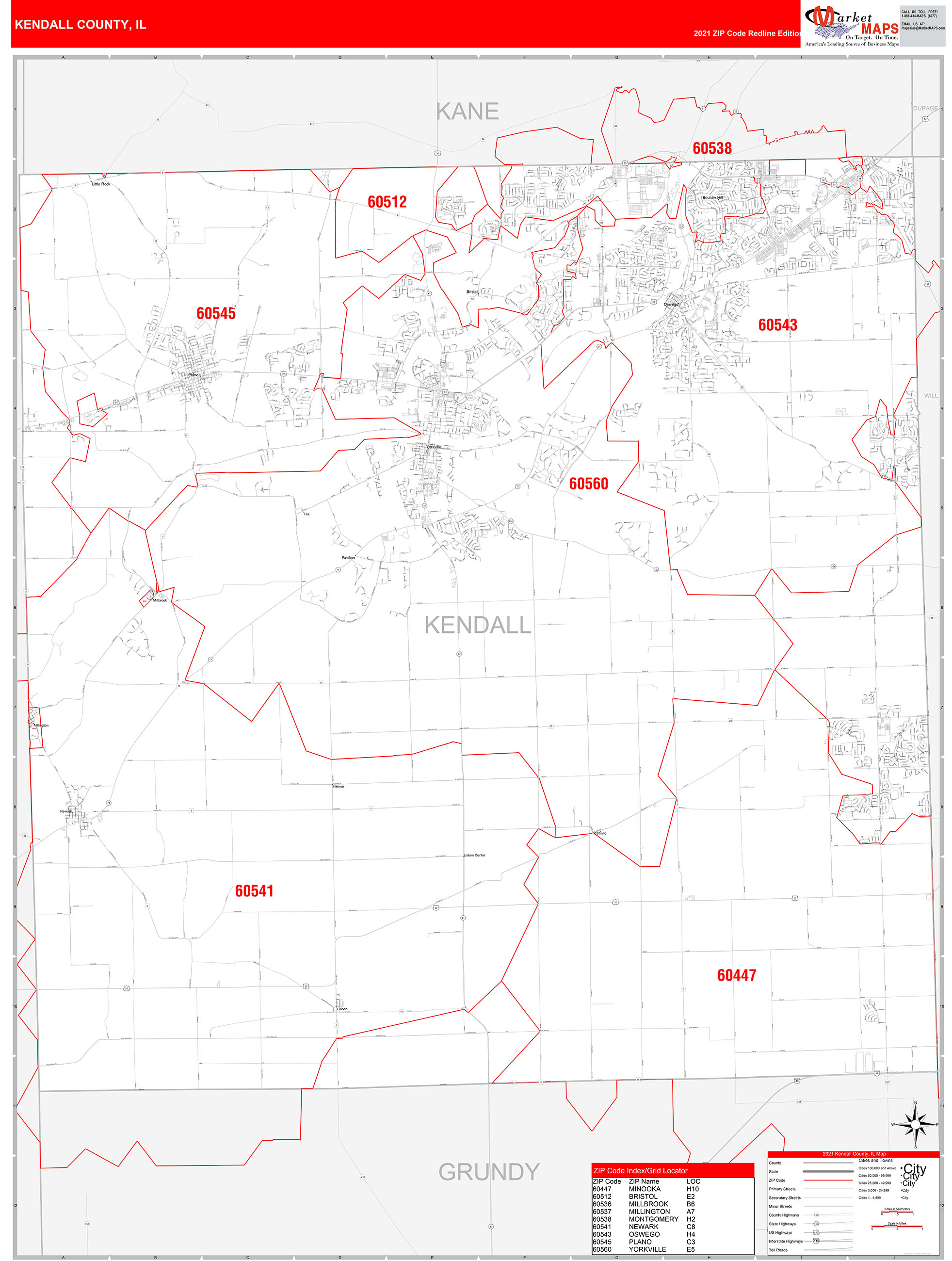 Kendall County, IL Zip Code Wall Map Red Line Style by MarketMAPS