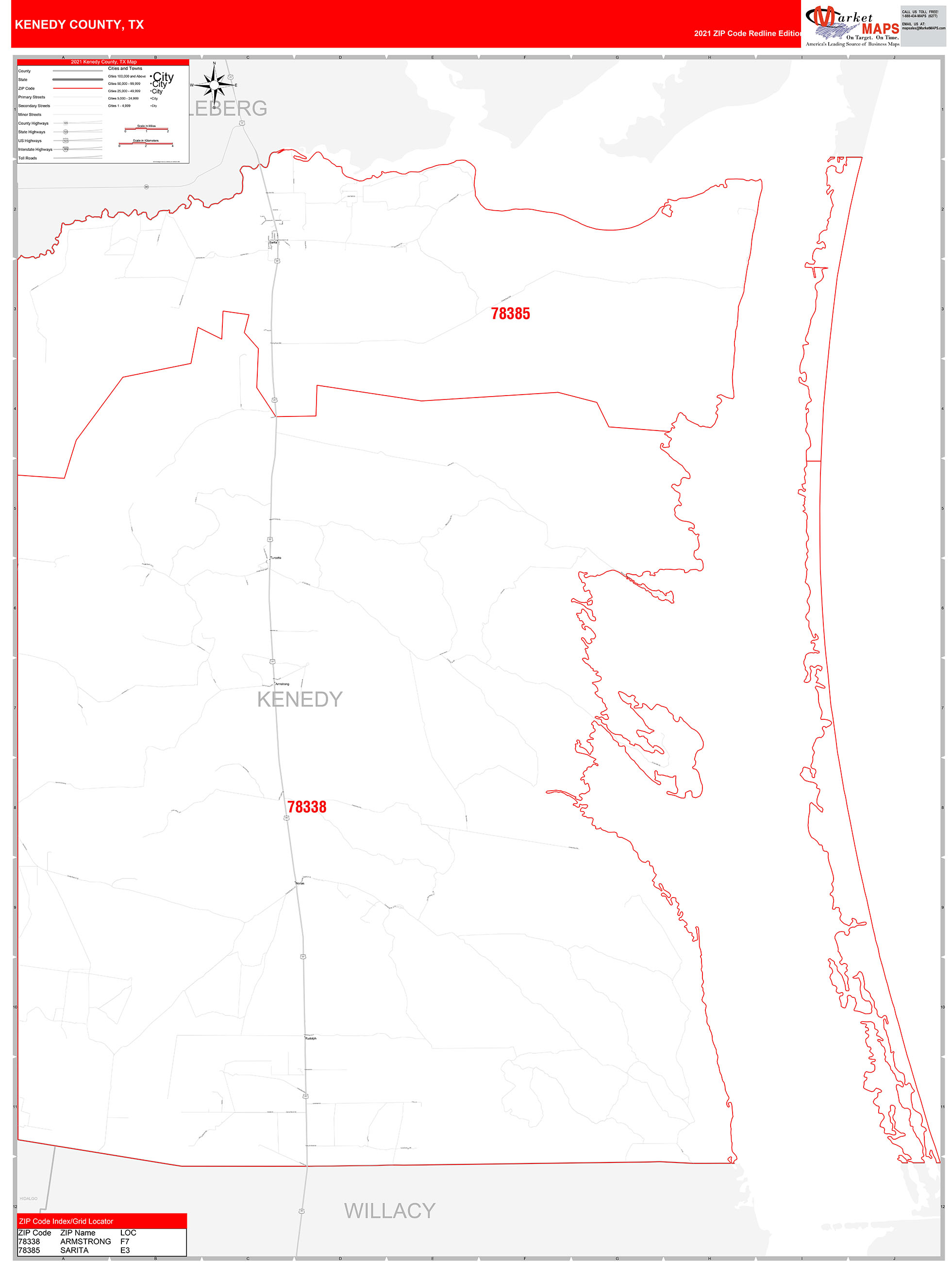 Kenedy County, TX Zip Code Wall Map Red Line Style by MarketMAPS
