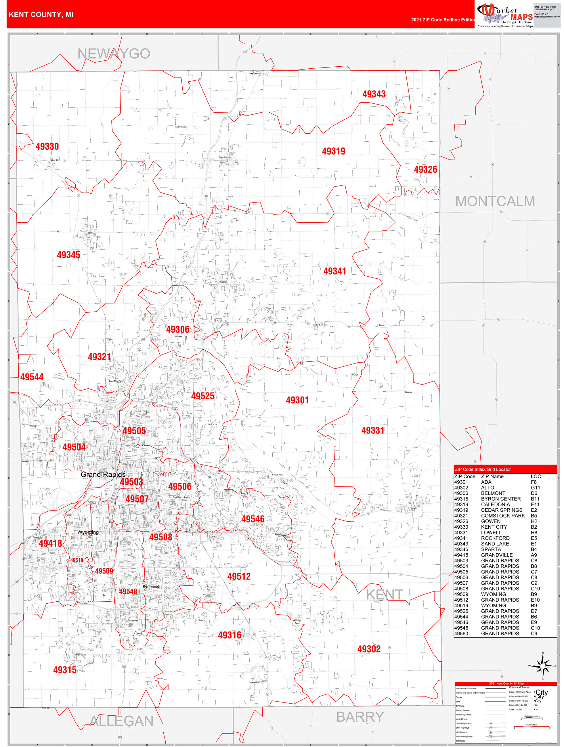 Kent County, MI Zip Code Wall Map Red Line Style by MarketMAPS