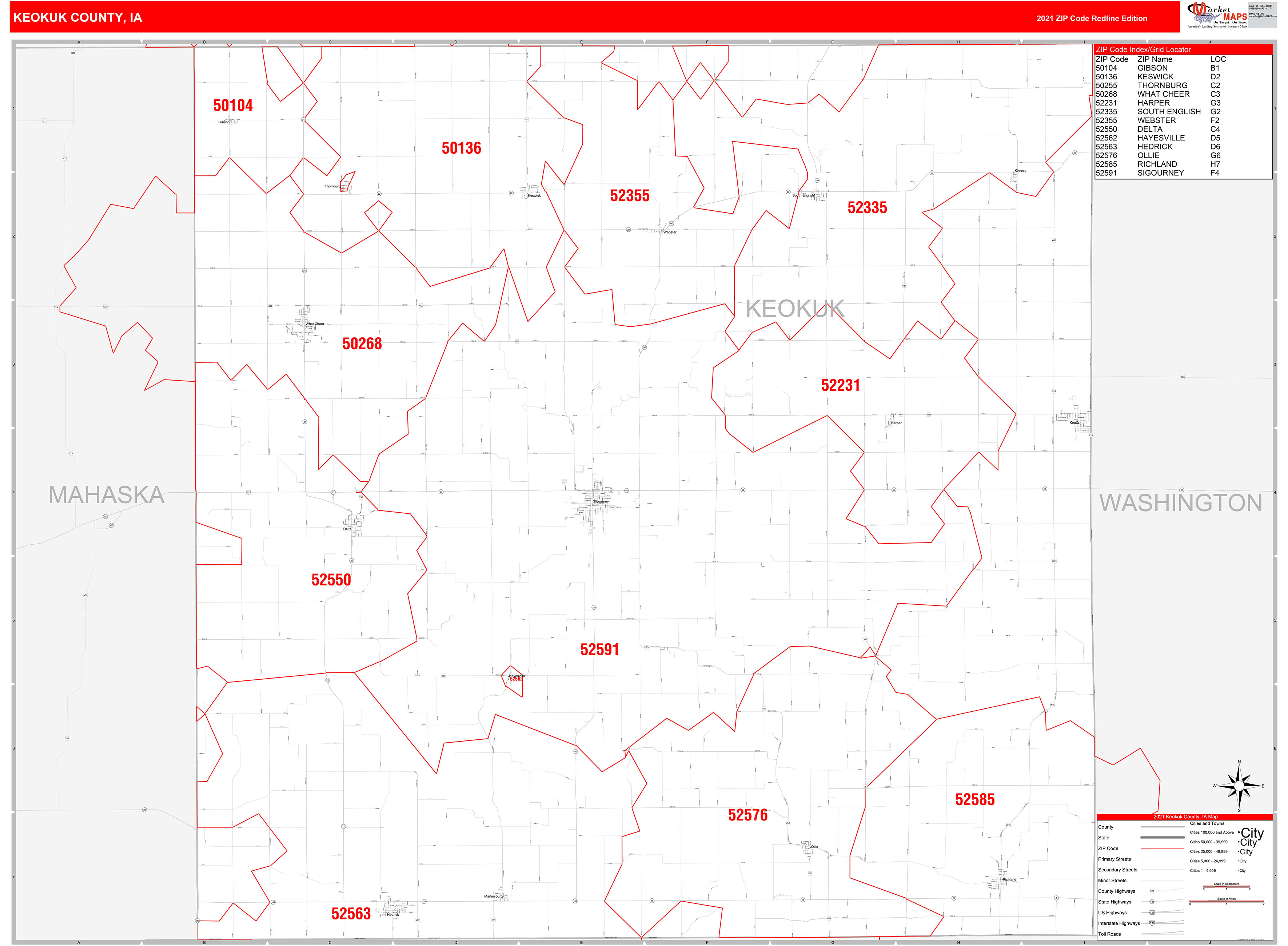 Keokuk County, IA Zip Code Wall Map Red Line Style by MarketMAPS MapSales