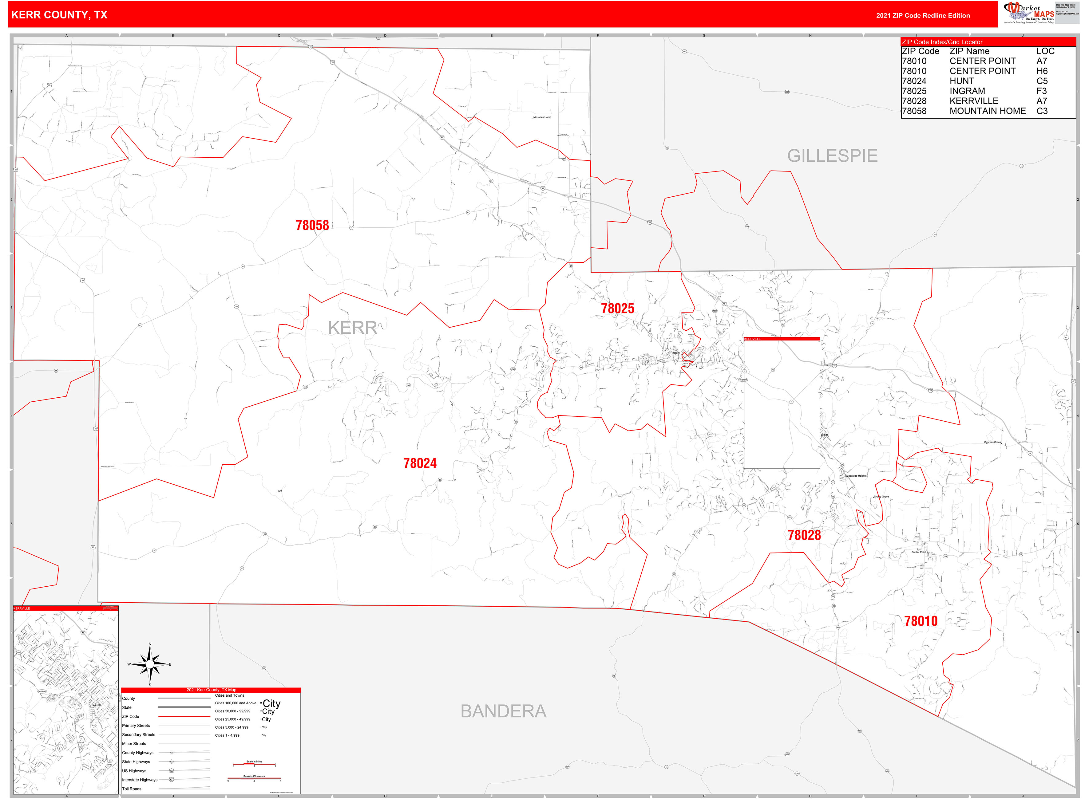 Kerr County, TX Zip Code Wall Map Red Line Style by MarketMAPS MapSales
