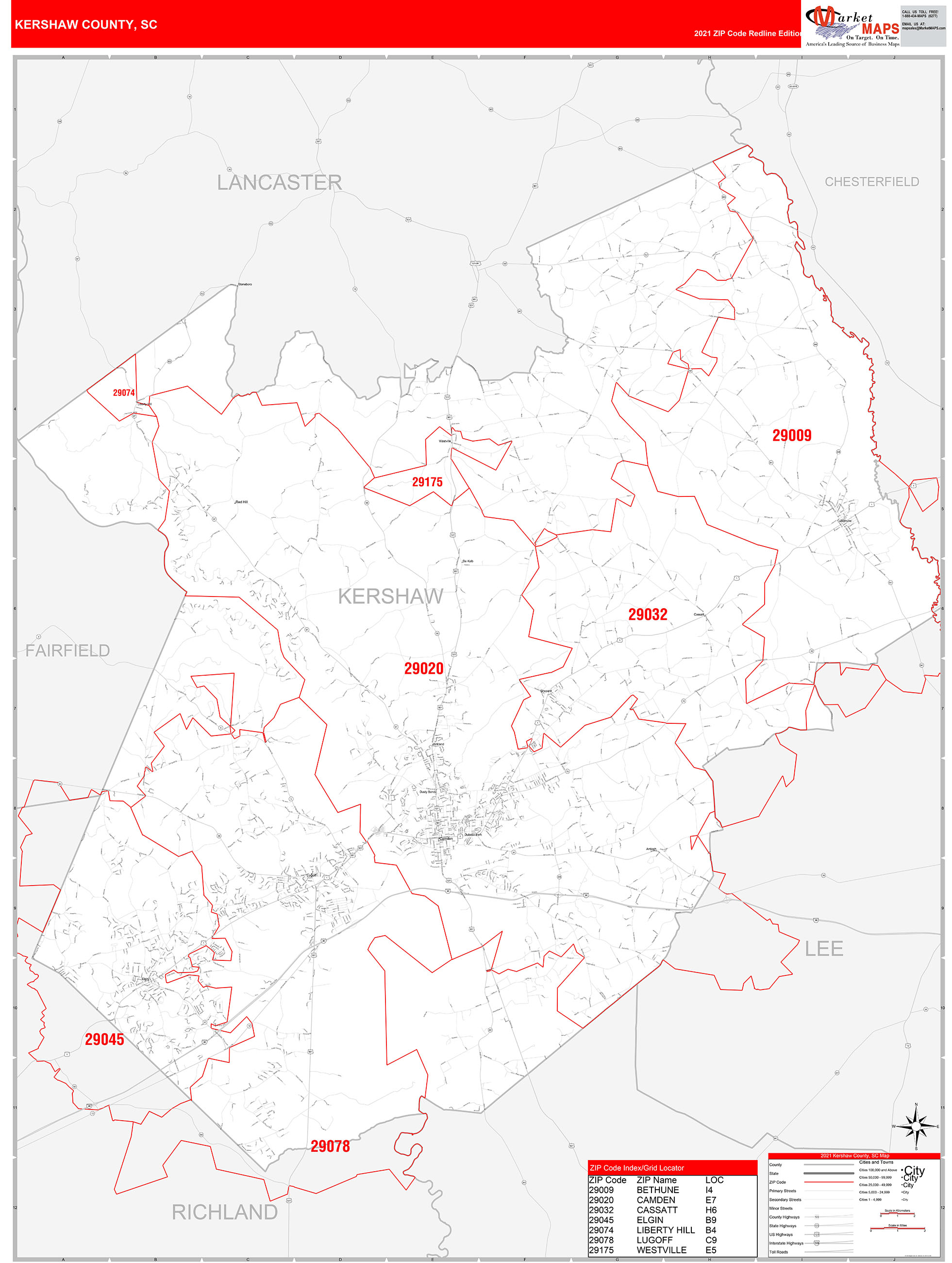 Kershaw County, SC Zip Code Wall Map Red Line Style by MarketMAPS