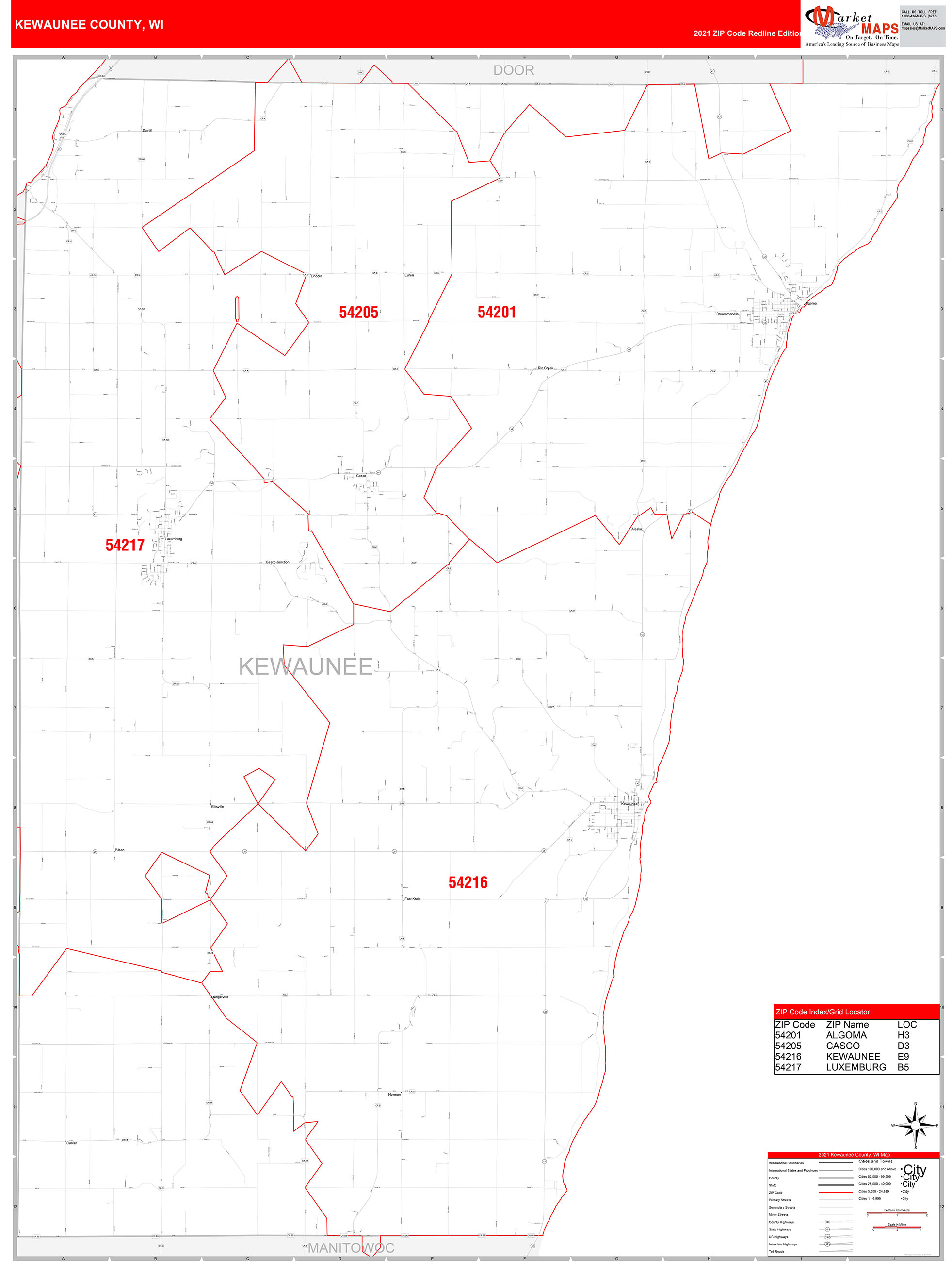 Kewaunee County, WI Zip Code Wall Map Red Line Style by MarketMAPS