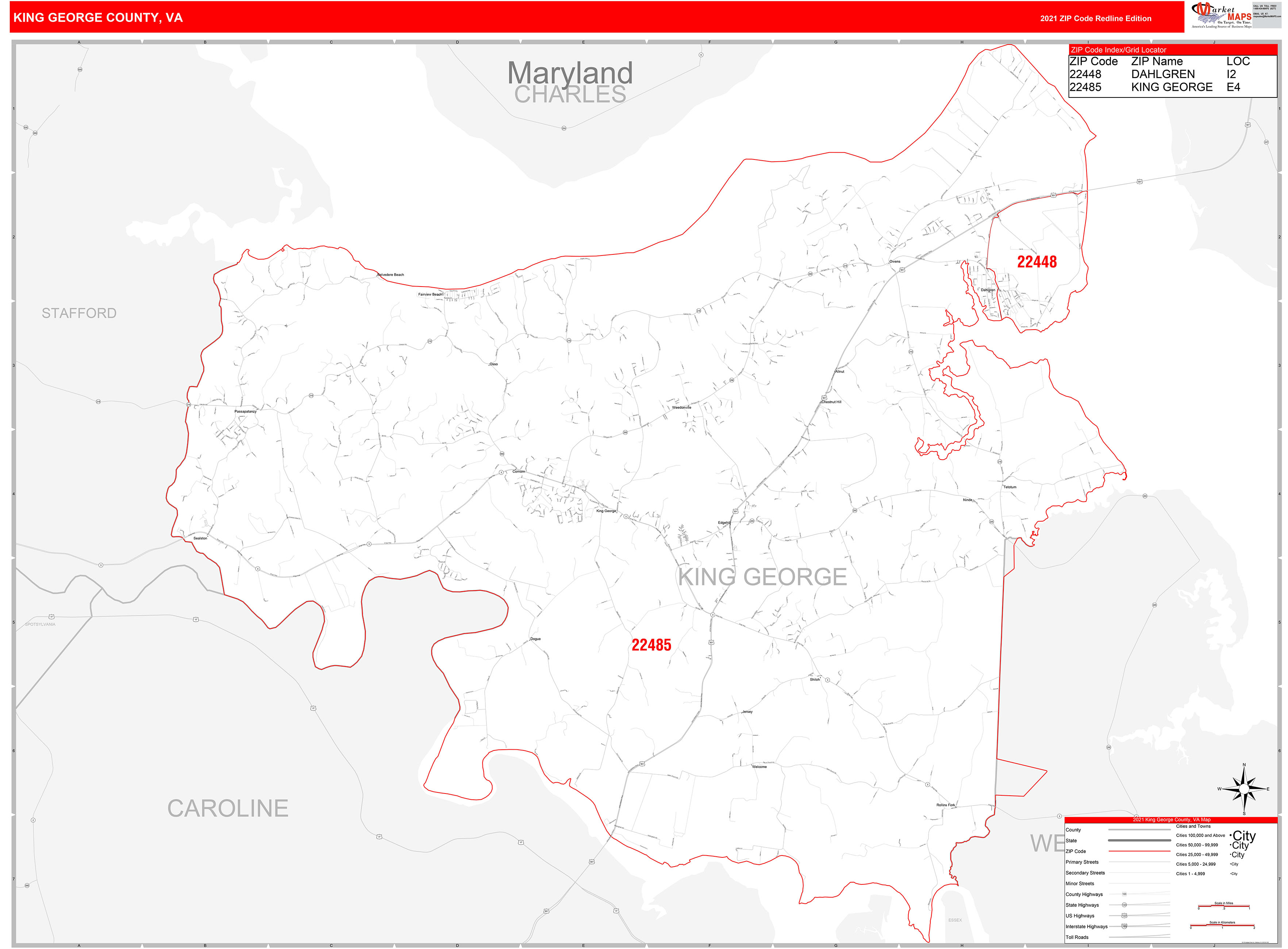 King County, VA Zip Code Wall Map Red Line Style by MarketMAPS