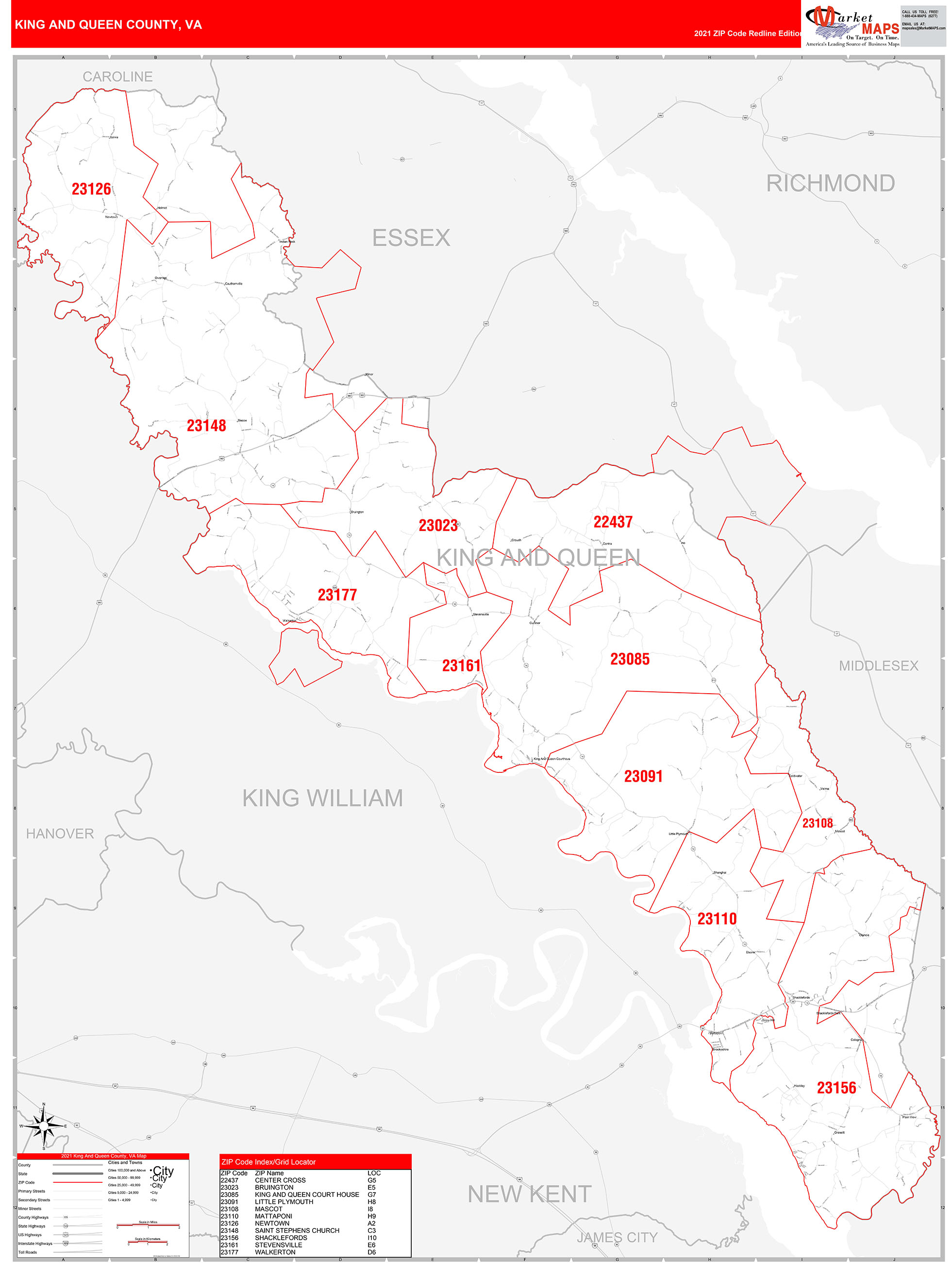 King and Queen County, VA Zip Code Wall Map Red Line Style by MarketMAPS