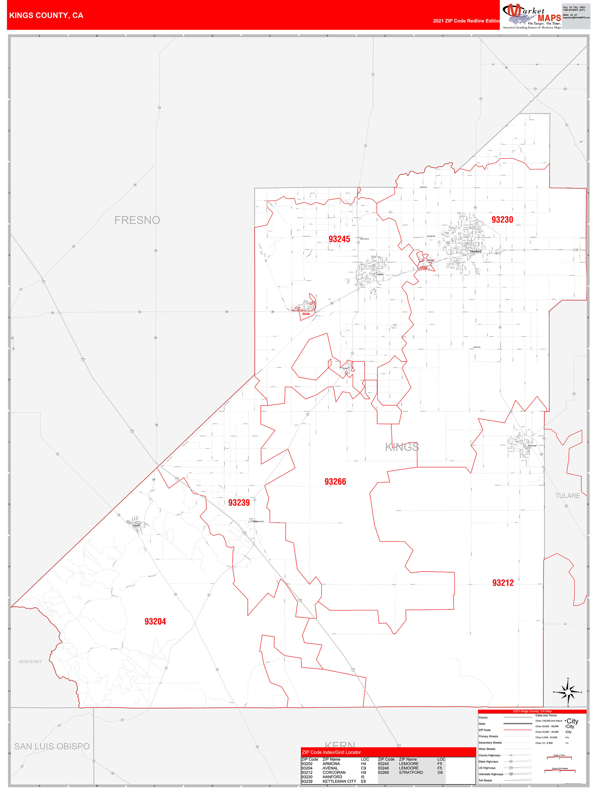 Kings County, CA Zip Code Wall Map Red Line Style by MarketMAPS