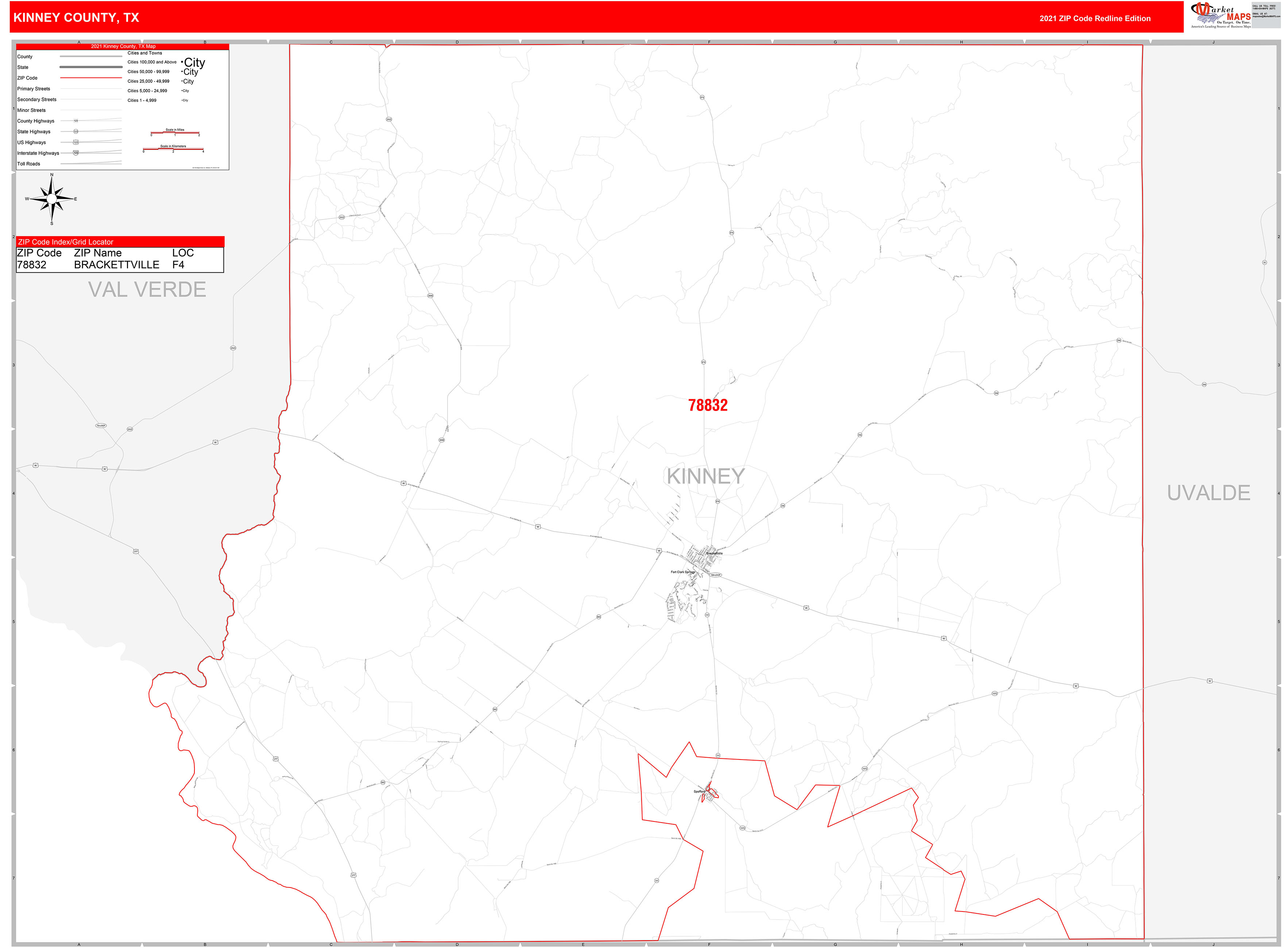 Kinney County, TX Zip Code Wall Map Red Line Style by MarketMAPS MapSales