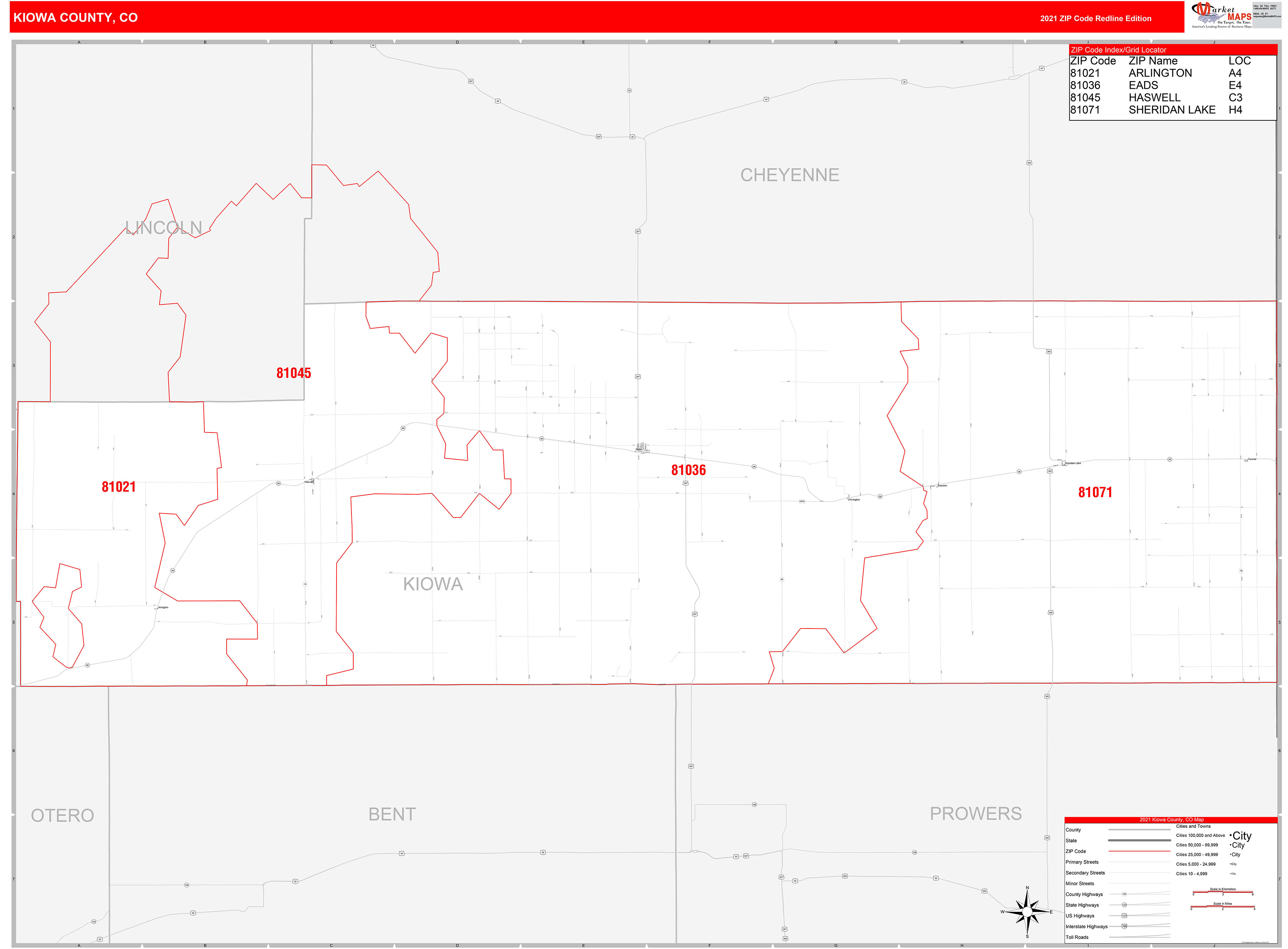 Kiowa County, CO Zip Code Wall Map Red Line Style by MarketMAPS