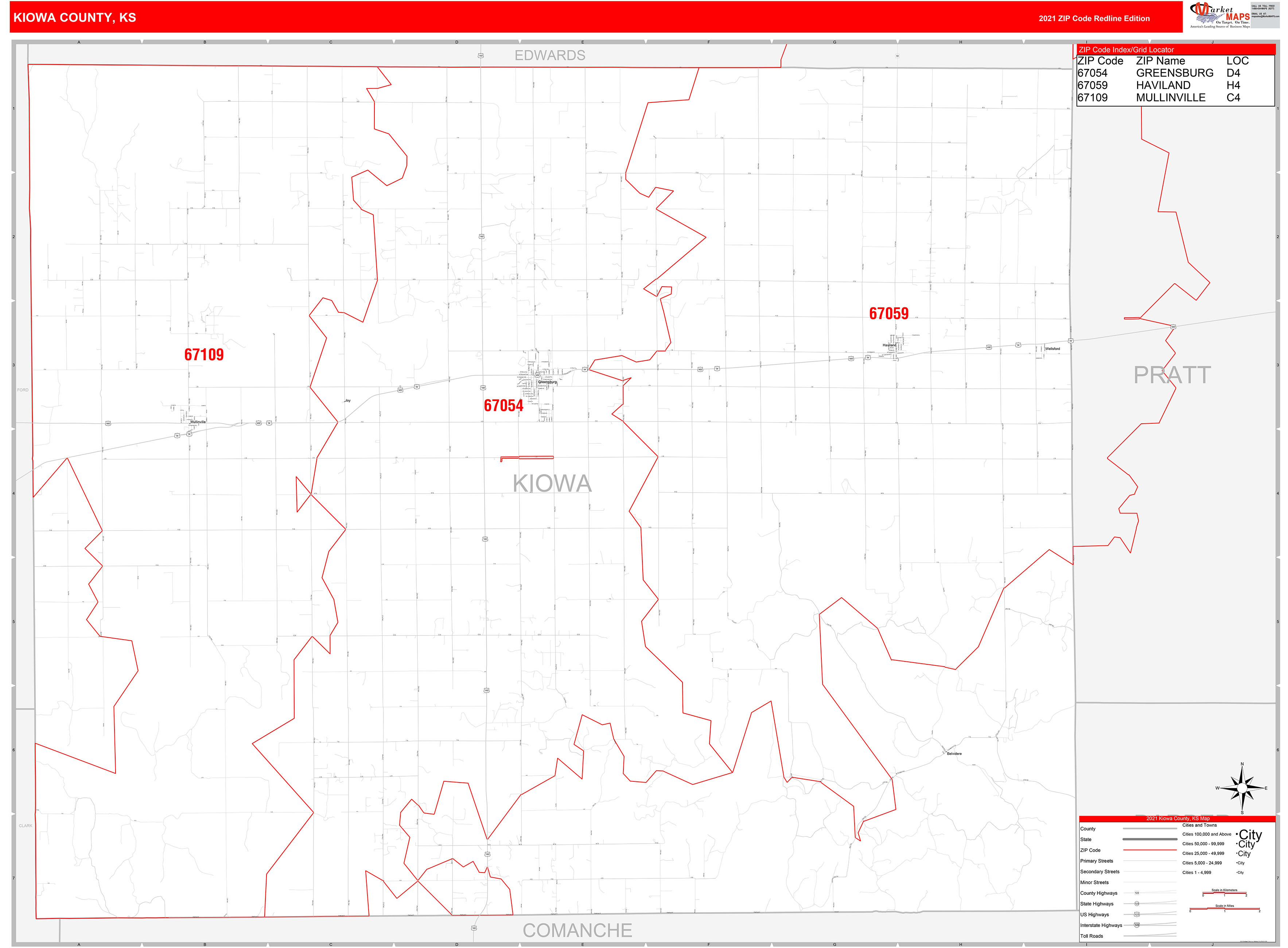 Kiowa County, KS Zip Code Wall Map Red Line Style by MarketMAPS