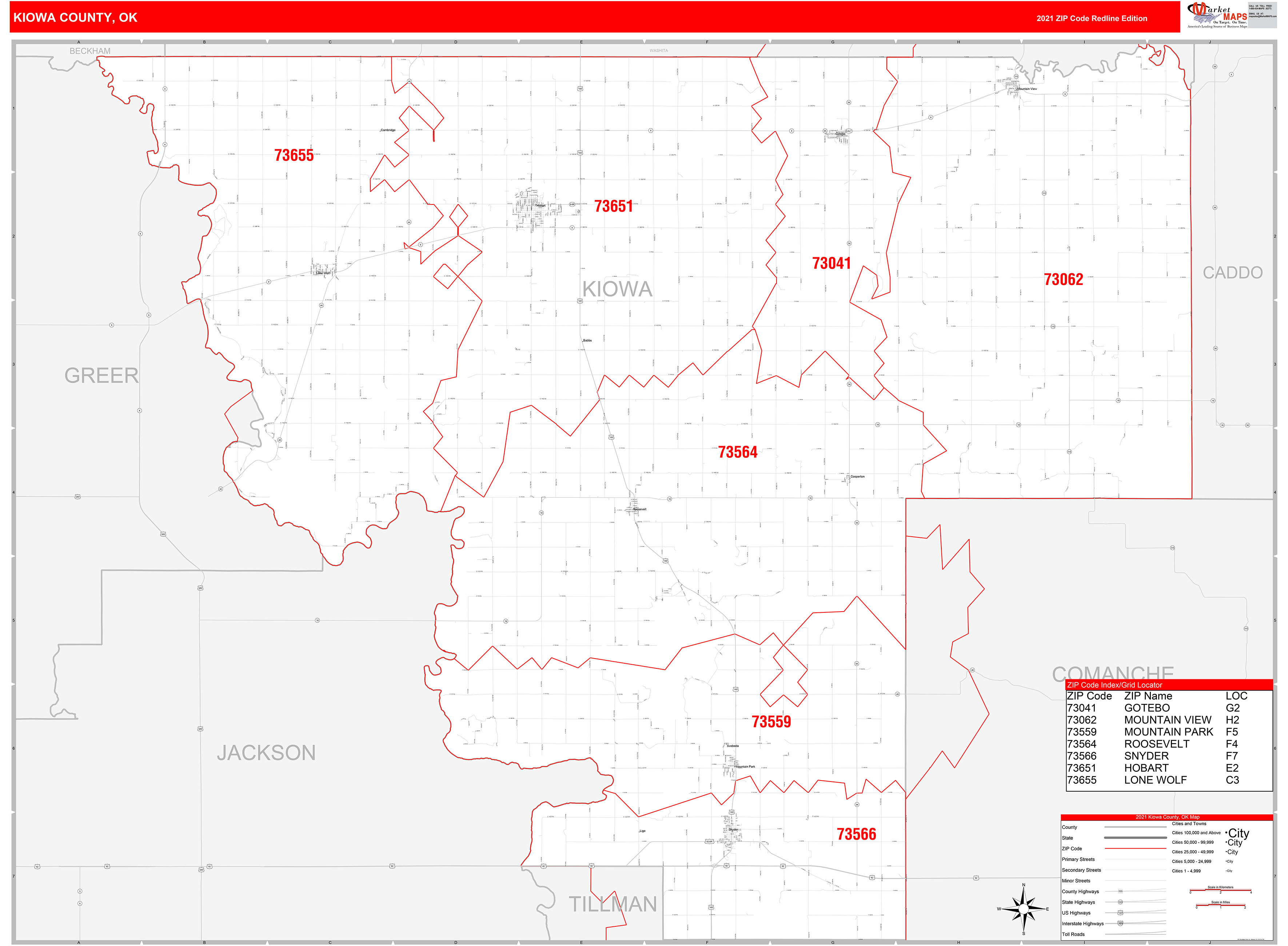Kiowa County, OK Zip Code Wall Map Red Line Style by MarketMAPS MapSales