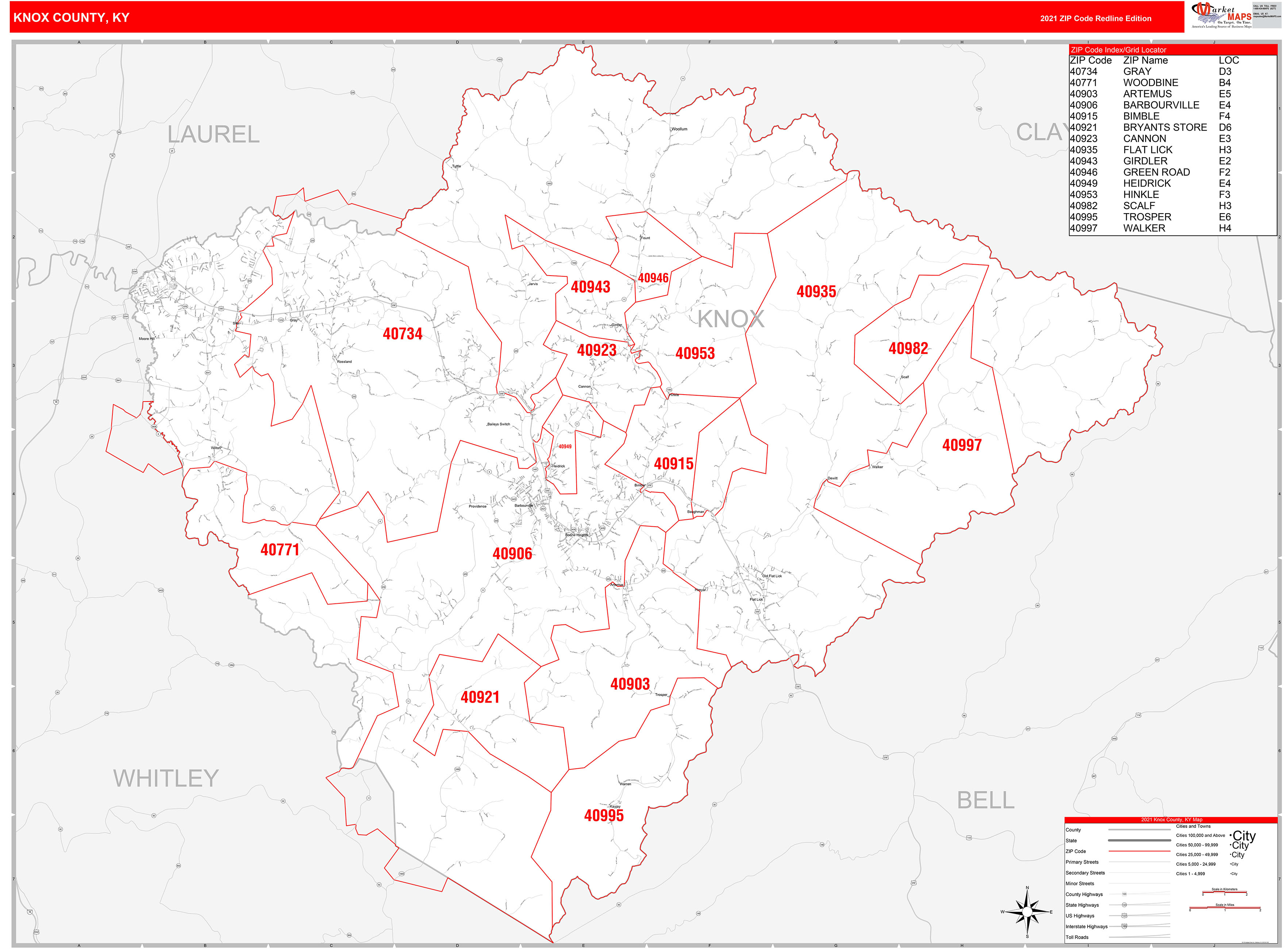 Knox County KY Zip Code Wall Map Red Line Style By MarketMAPS MapSales
