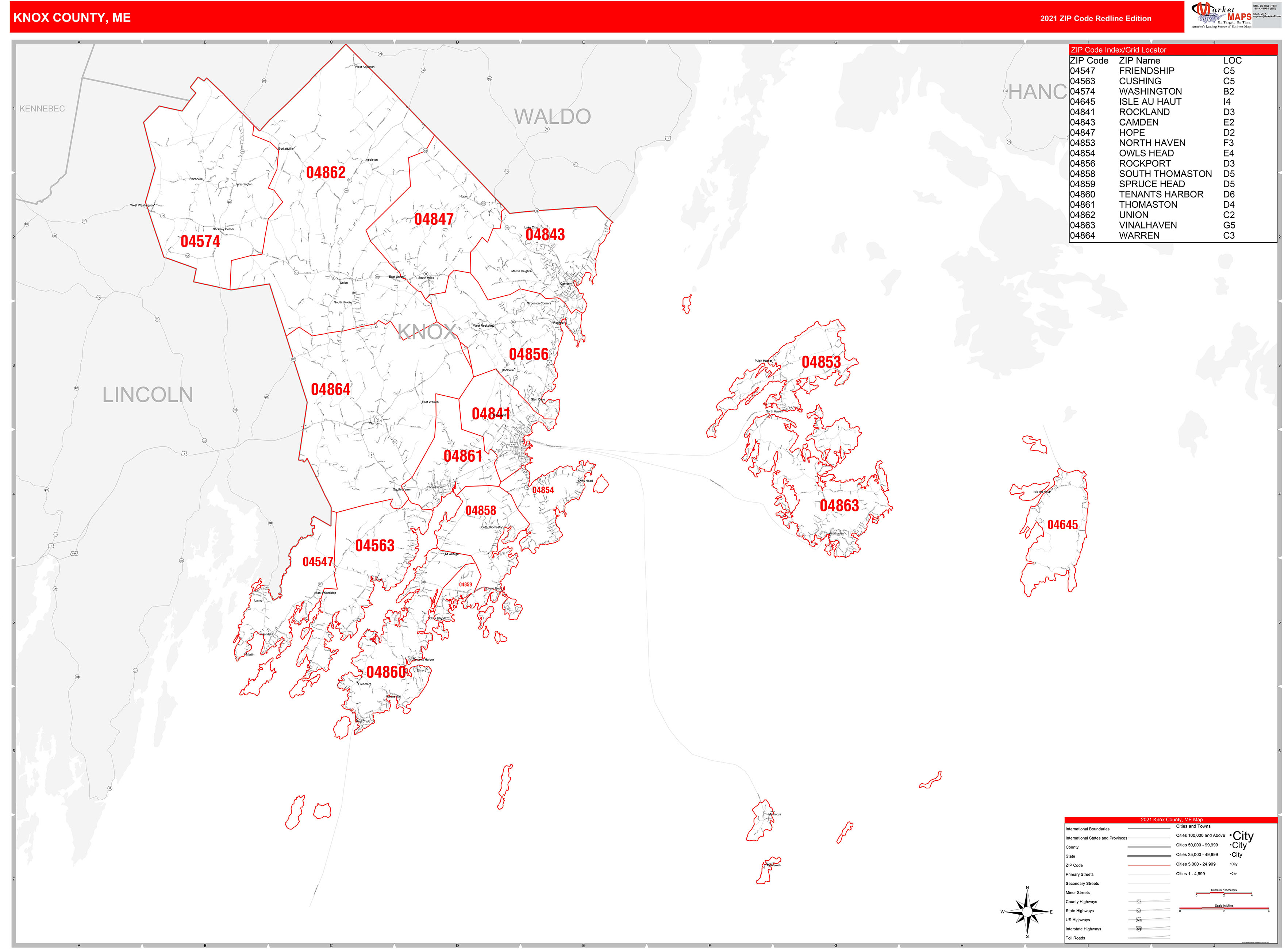 Knox County, ME Zip Code Wall Map Red Line Style by MarketMAPS