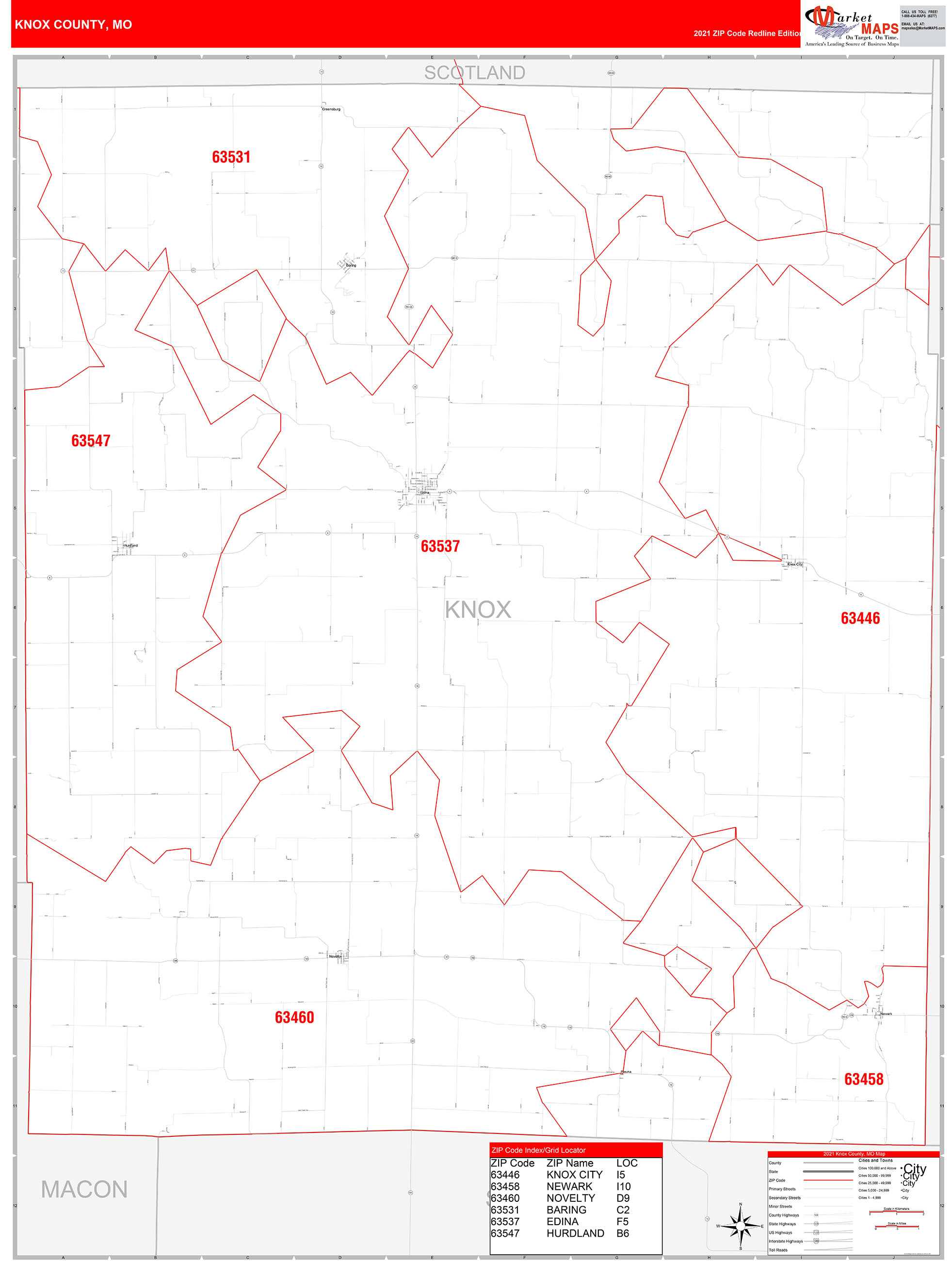 Knox County, MO Zip Code Wall Map Red Line Style by MarketMAPS MapSales