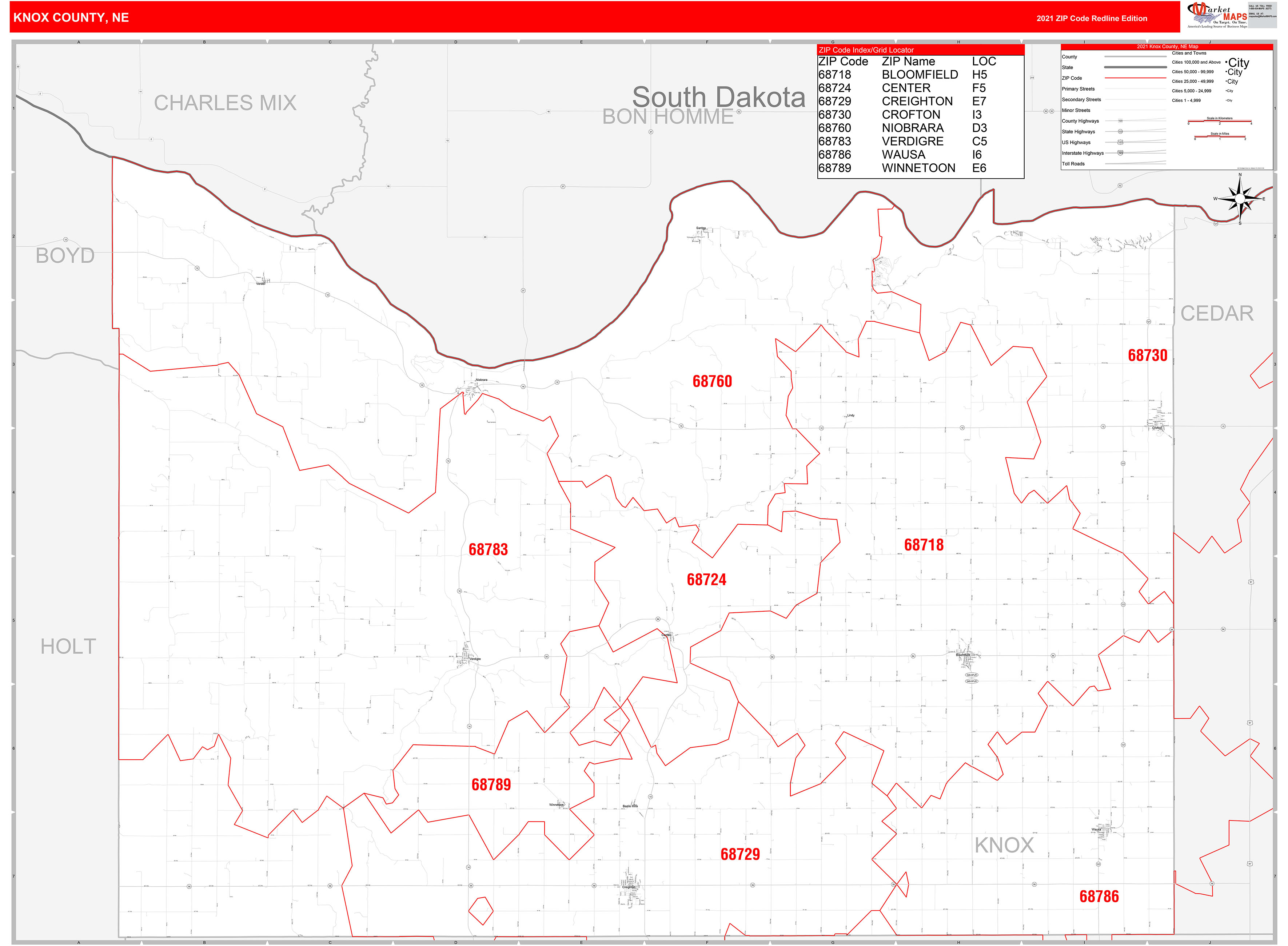 Knox County, NE Zip Code Wall Map Red Line Style by MarketMAPS MapSales