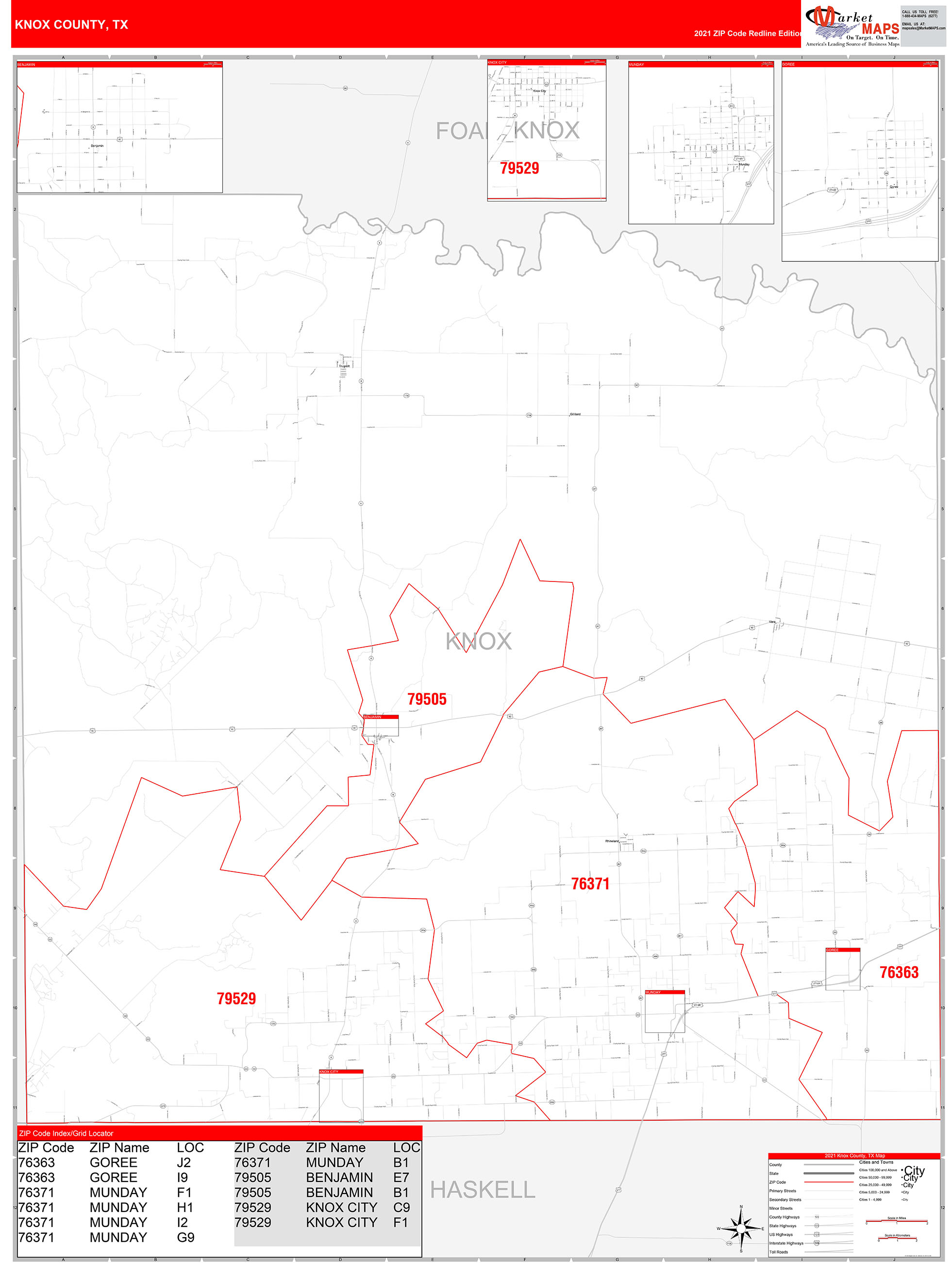 Knox County, TX Zip Code Wall Map Red Line Style by MarketMAPS