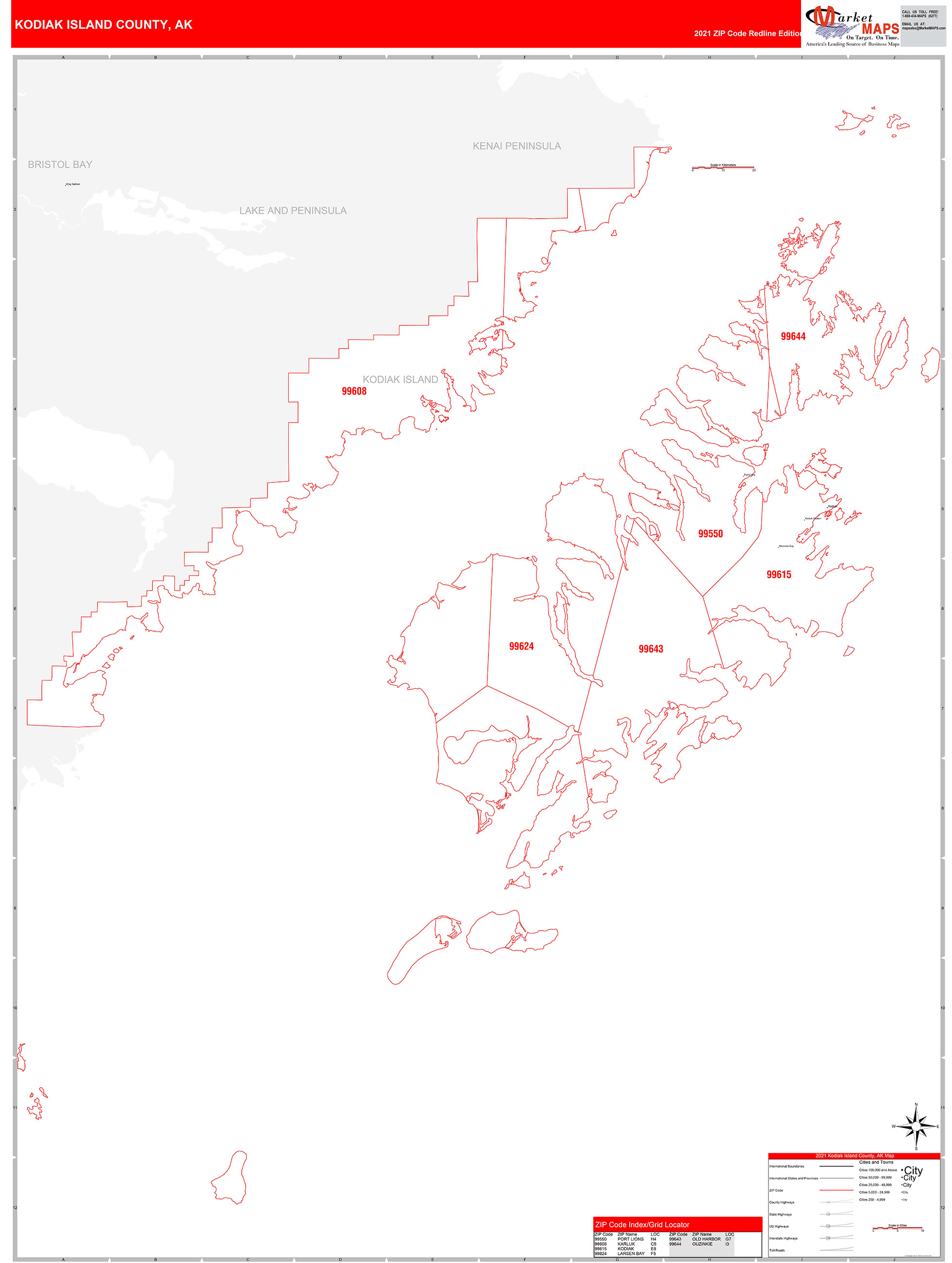 Kodiak Island County, AK Zip Code Wall Map Red Line Style by MarketMAPS