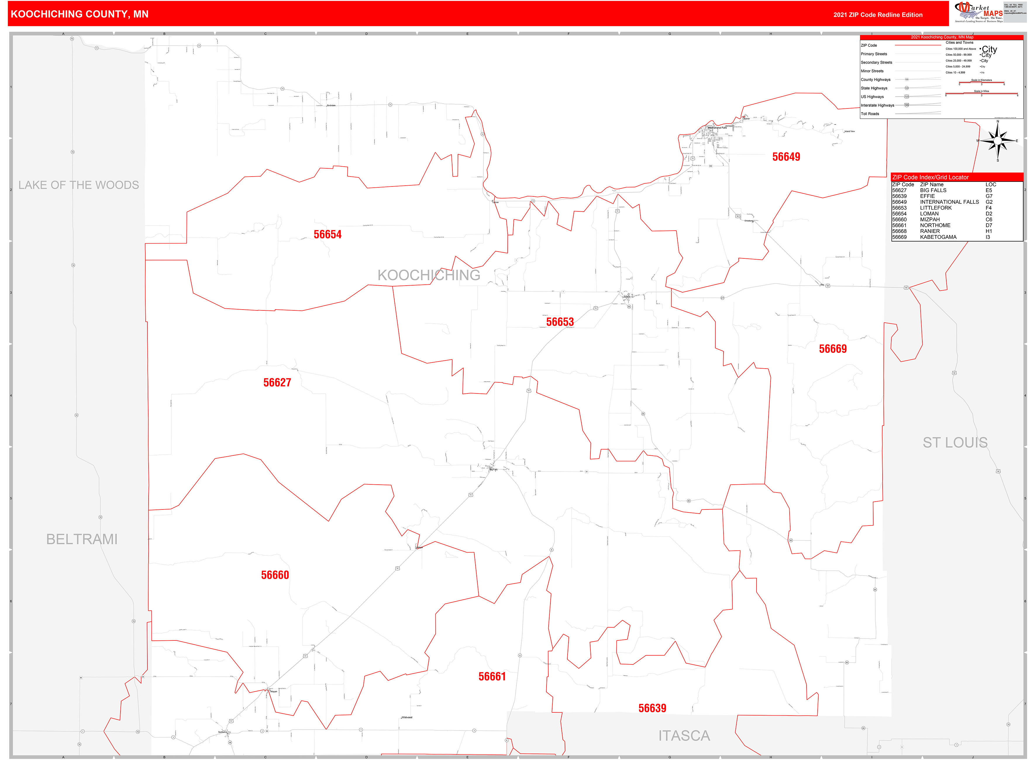 Koochiching County, MN Zip Code Wall Map Red Line Style by MarketMAPS