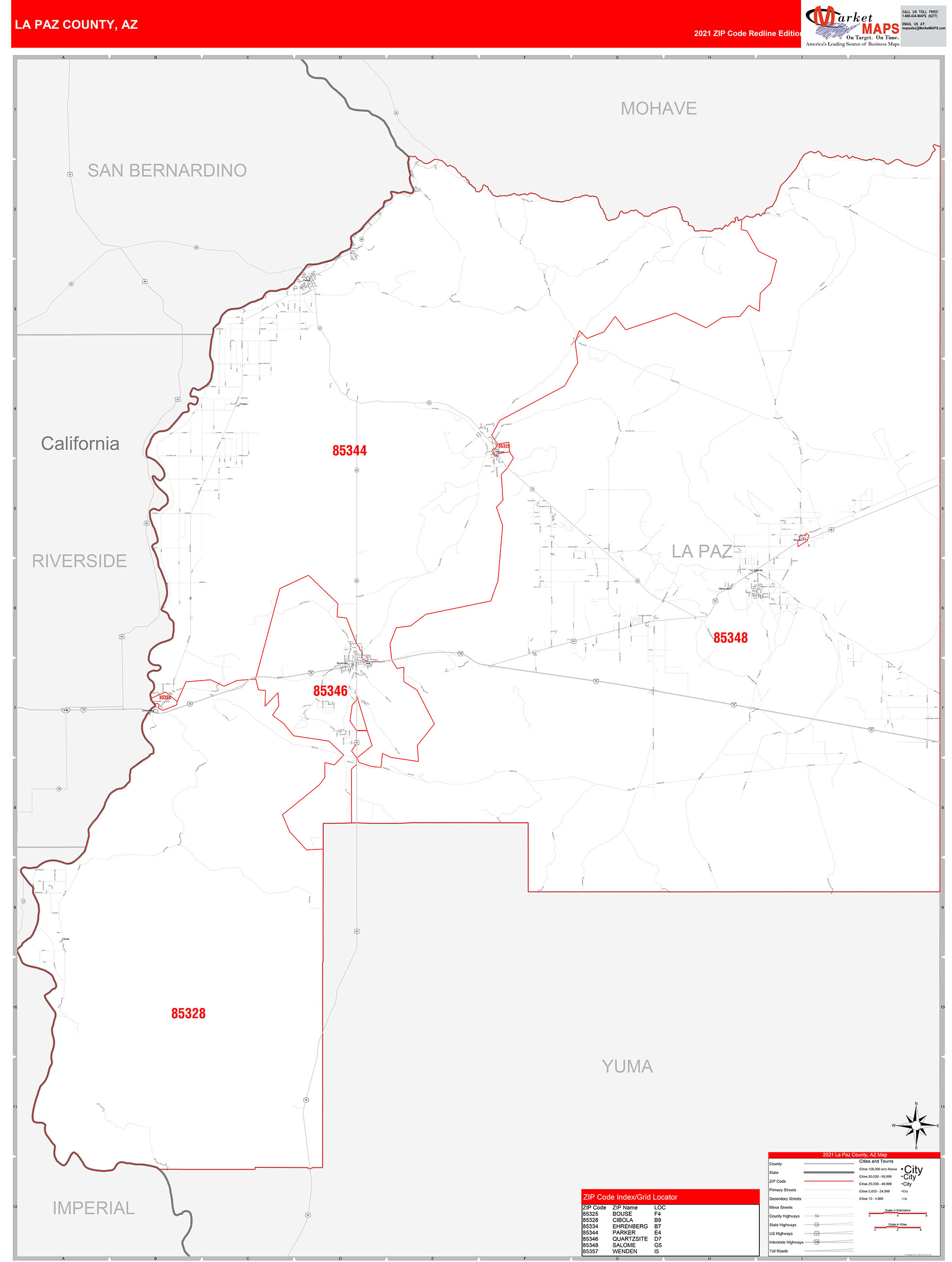 La Paz County, AZ Zip Code Wall Map Red Line Style by MarketMAPS
