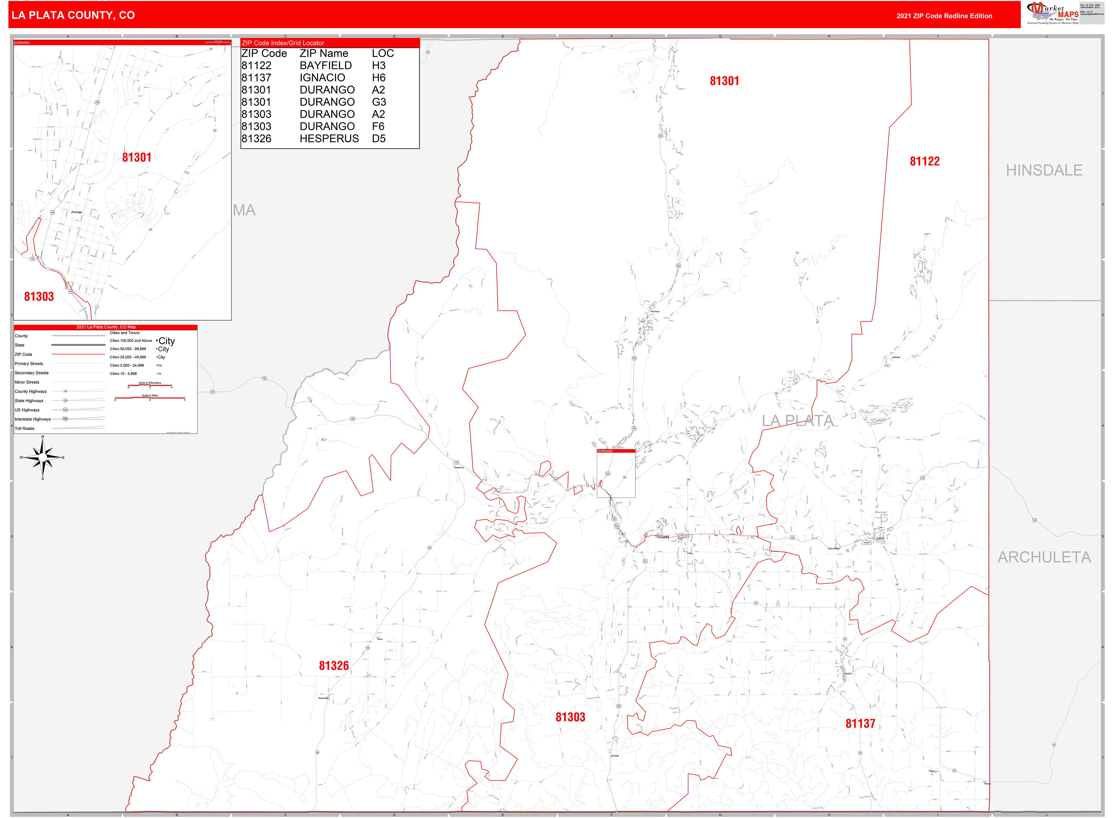 La Plata County, CO Zip Code Wall Map Red Line Style by MarketMAPS