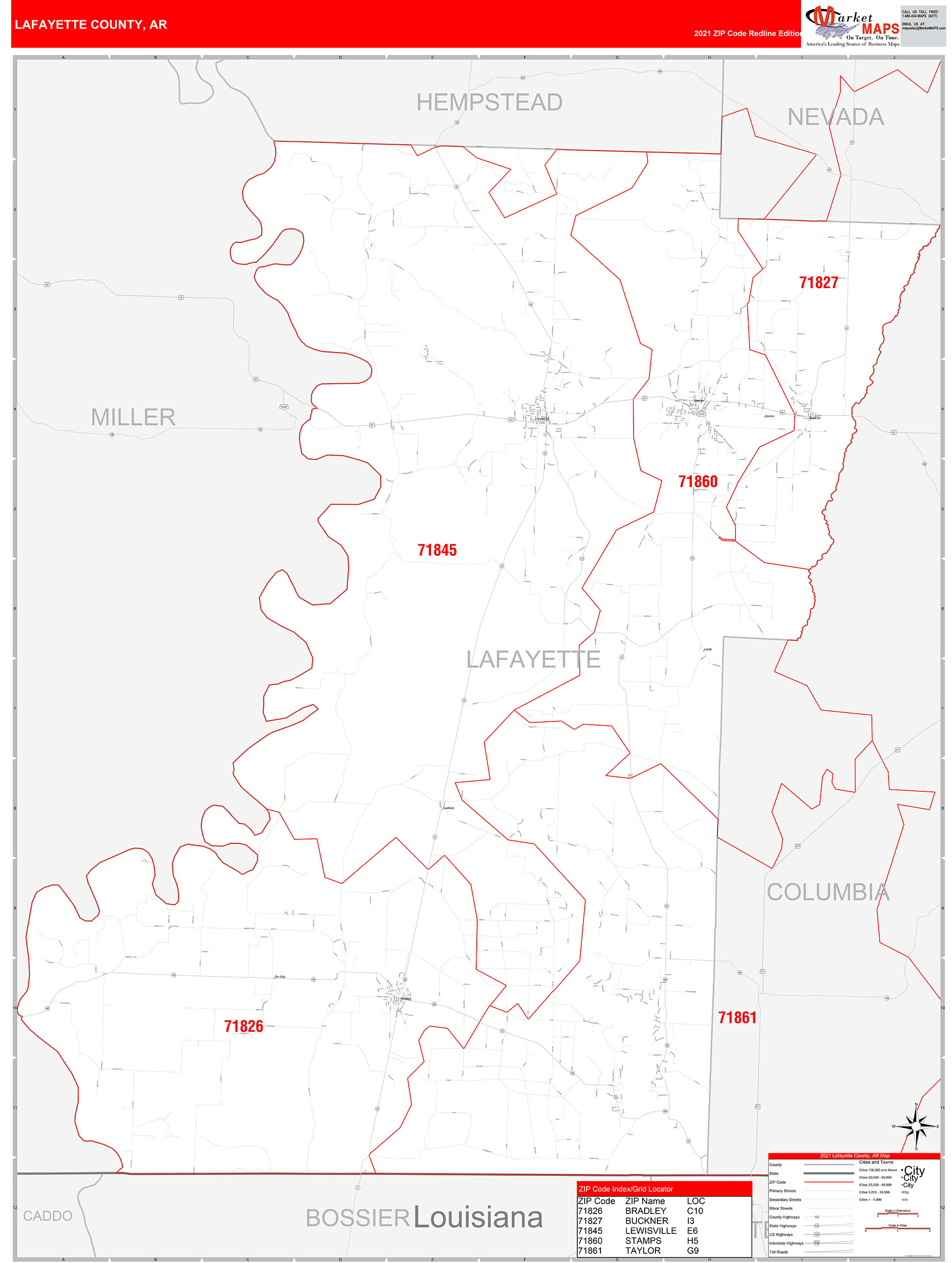 Lafayette County, AR Zip Code Wall Map Red Line Style by MarketMAPS