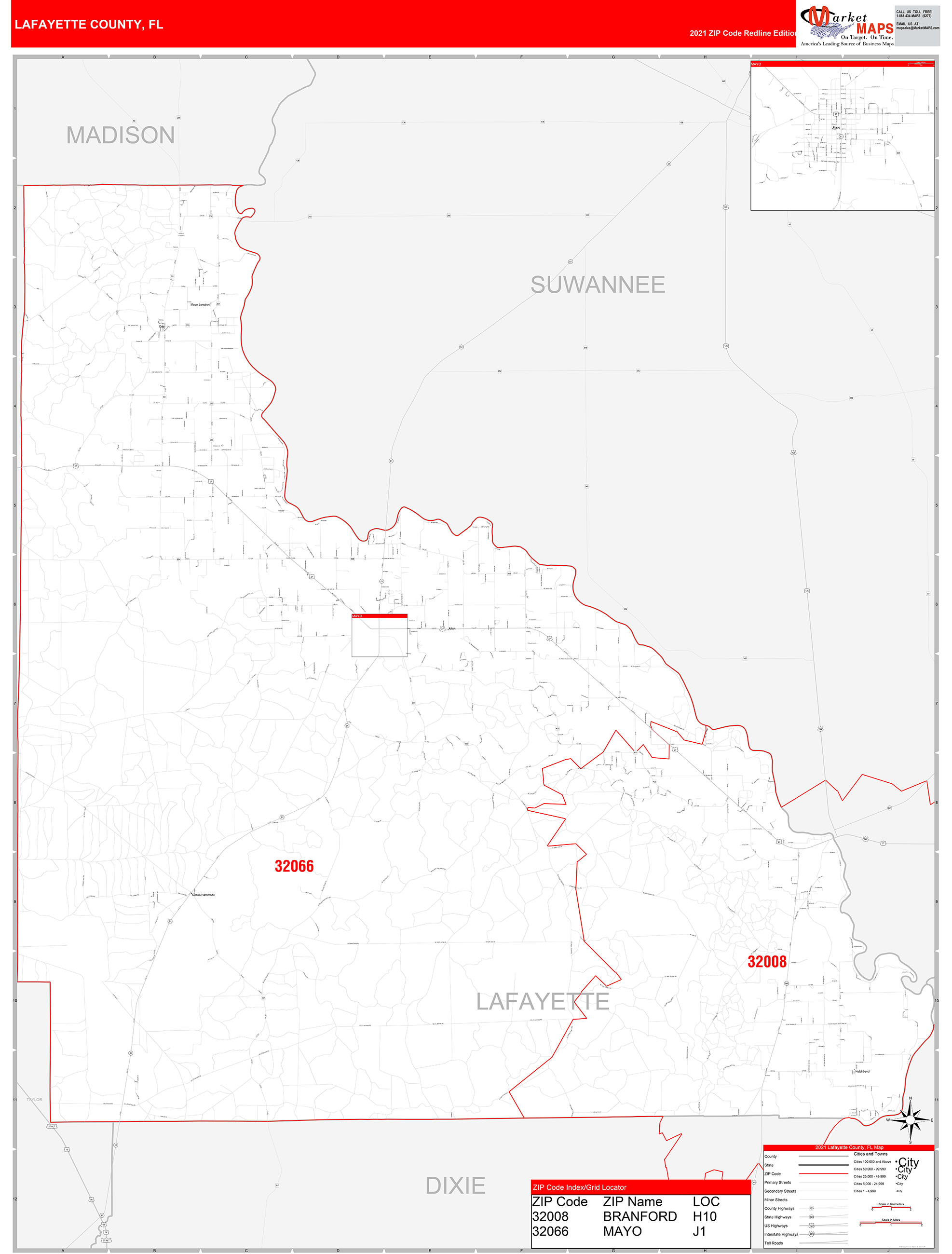 Lafayette County, FL Zip Code Wall Map Red Line Style by MarketMAPS