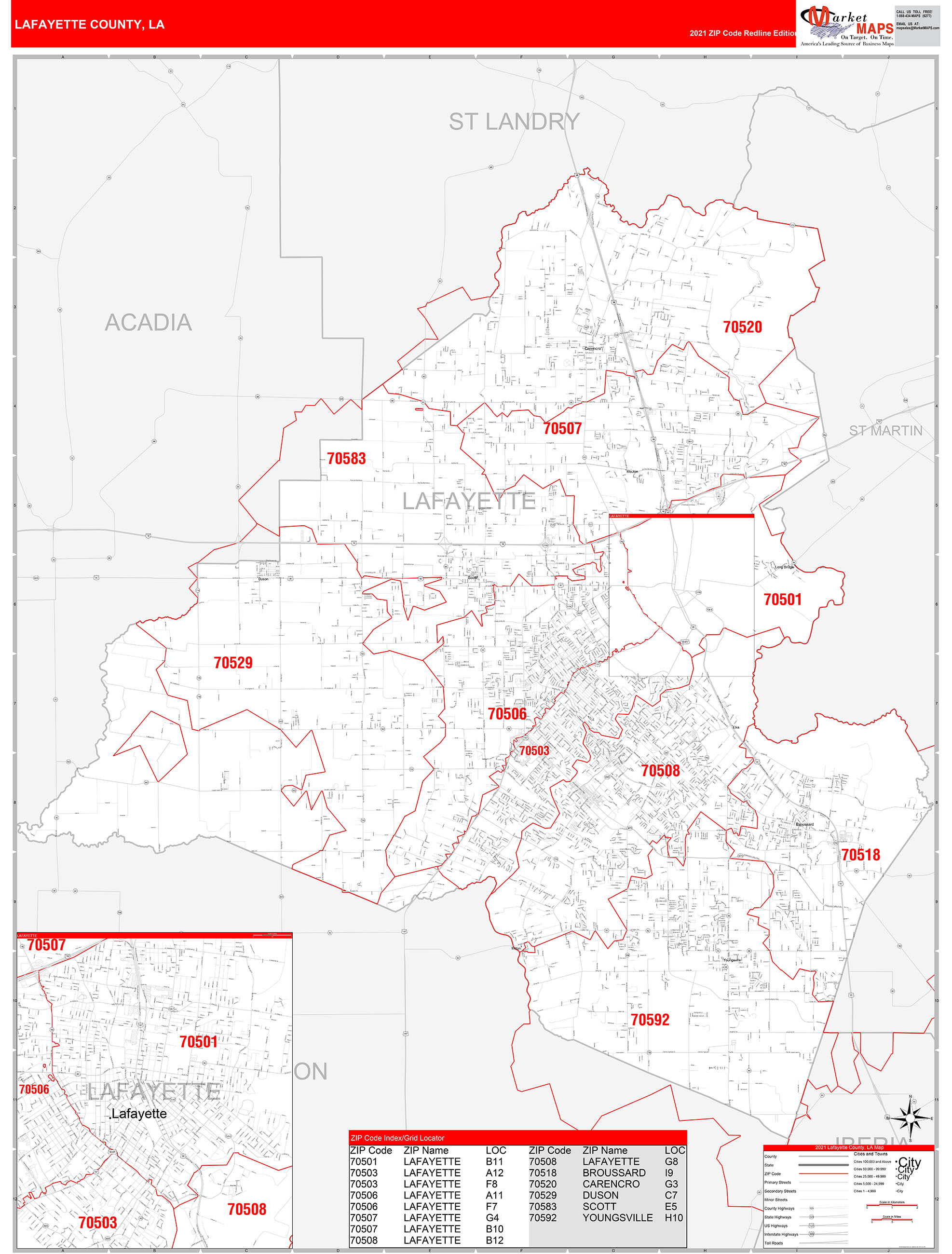 Lafayette County, LA Zip Code Wall Map Red Line Style by MarketMAPS