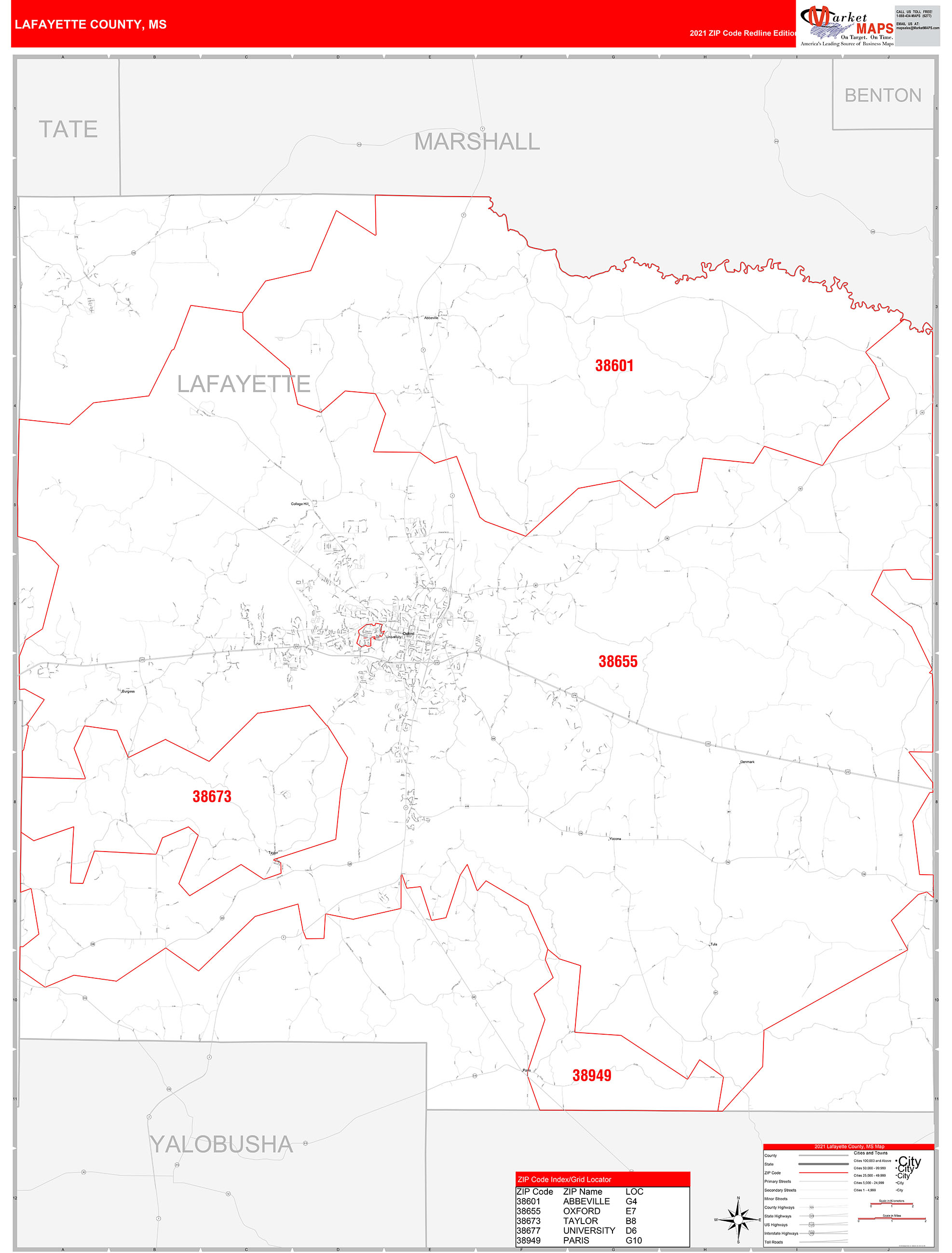 Lafayette County Ms Zip Code Wall Map Red Line Style By Marketmaps