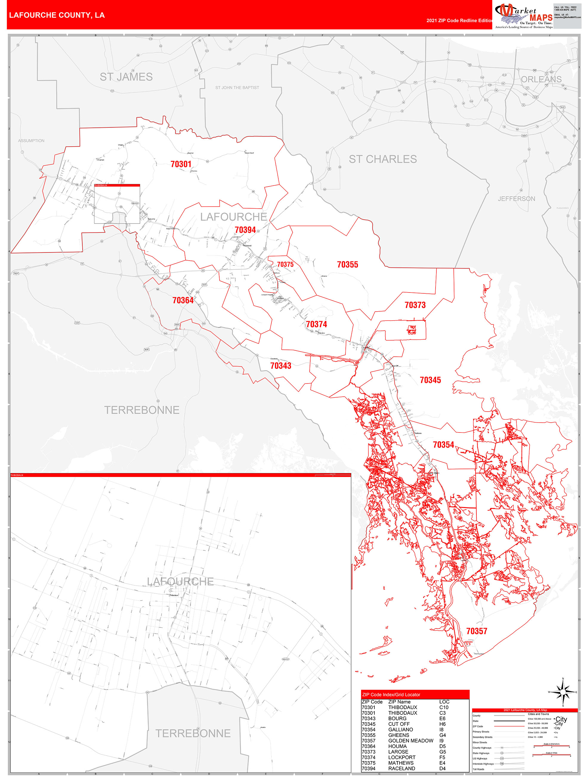 Lafourche County, LA Zip Code Wall Map Red Line Style by MarketMAPS