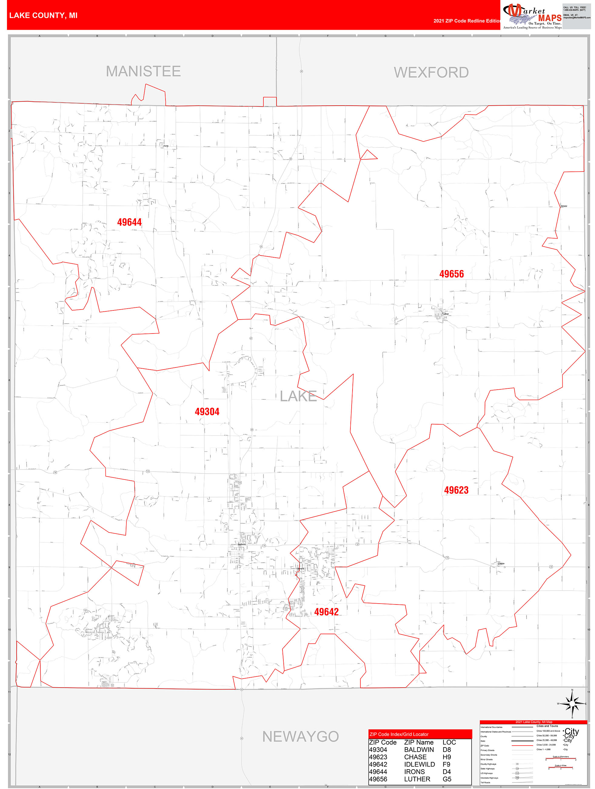 Lake County, MI Zip Code Wall Map Red Line Style by MarketMAPS MapSales